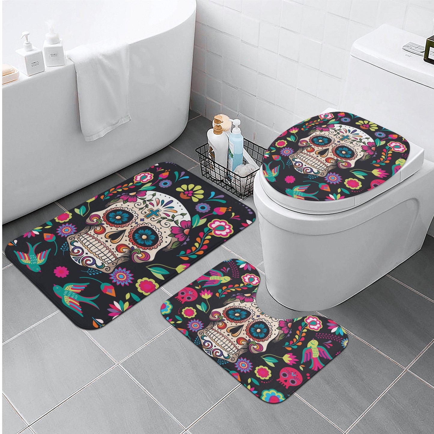 Sugar skull bath rug, candy skull rug for bathroom skull bathroom toilet set day of the dead skull shower curtain dia de los muertos bathrug