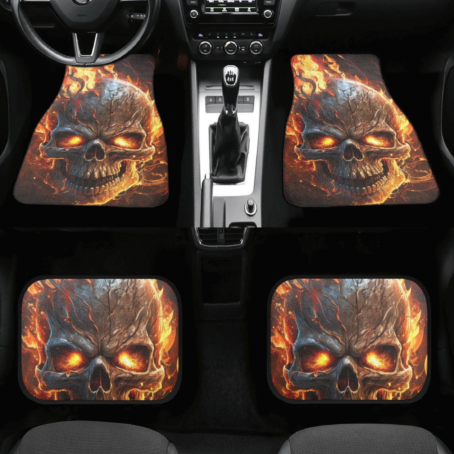 Flaming skull mat for vehicles, floral skull seat cover for truck, skeleton car mat, floral skull car mat flooring, floral skull mat for veh