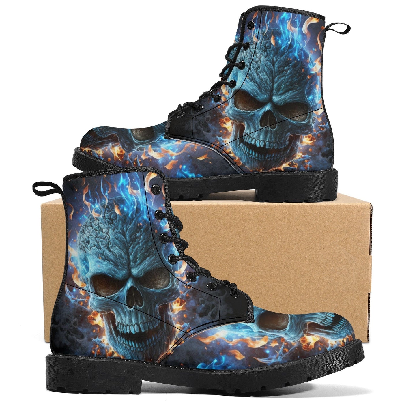 Flaming skull men women boots, Punisher horror gothic skull boots, Halloween skull boots Skeleton skull grim reaper leather rose skull boots