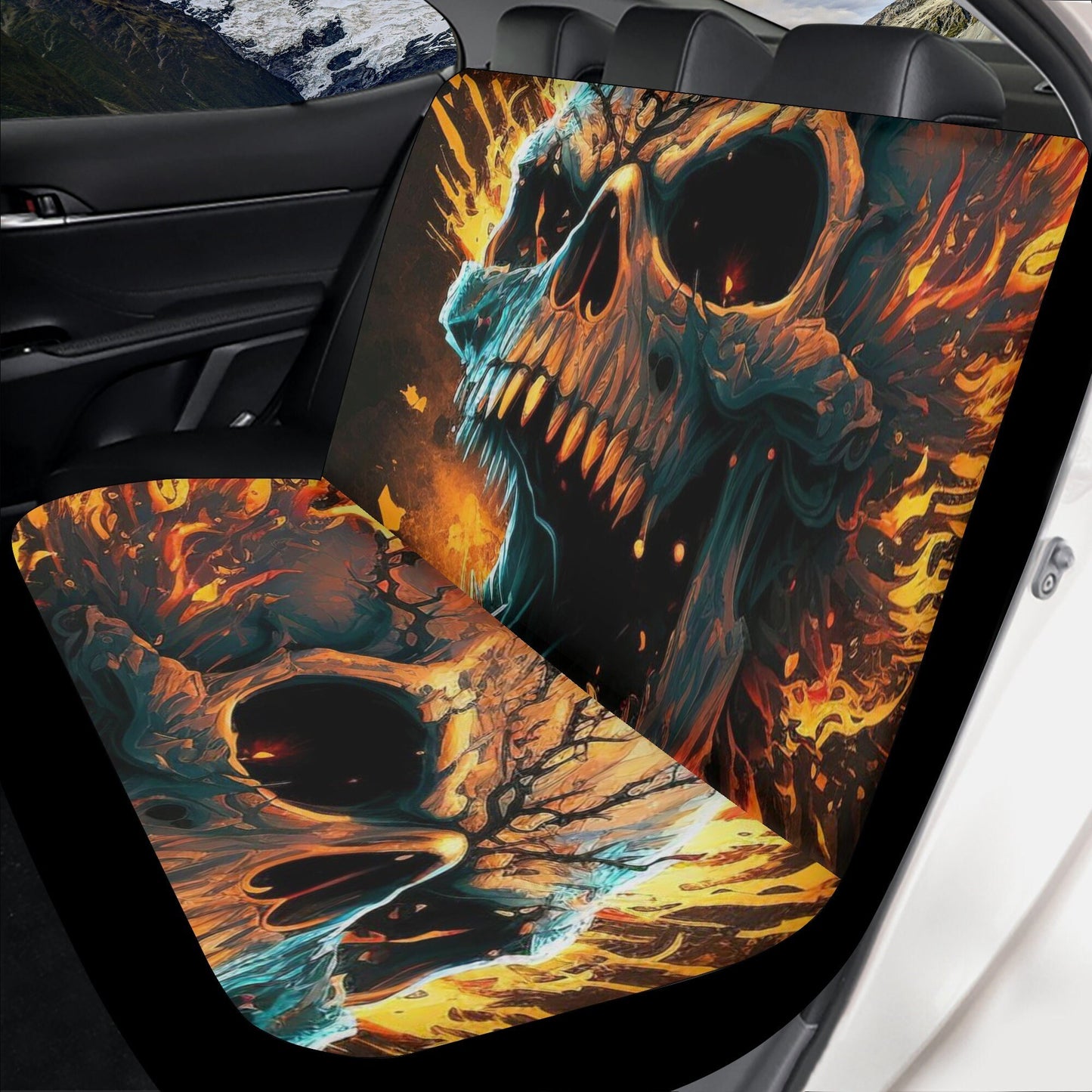 Skull slip-on seat covers, hooded skull car protector, grim reaper car protector, grim reaper seat cover protector, flaming skull car mats