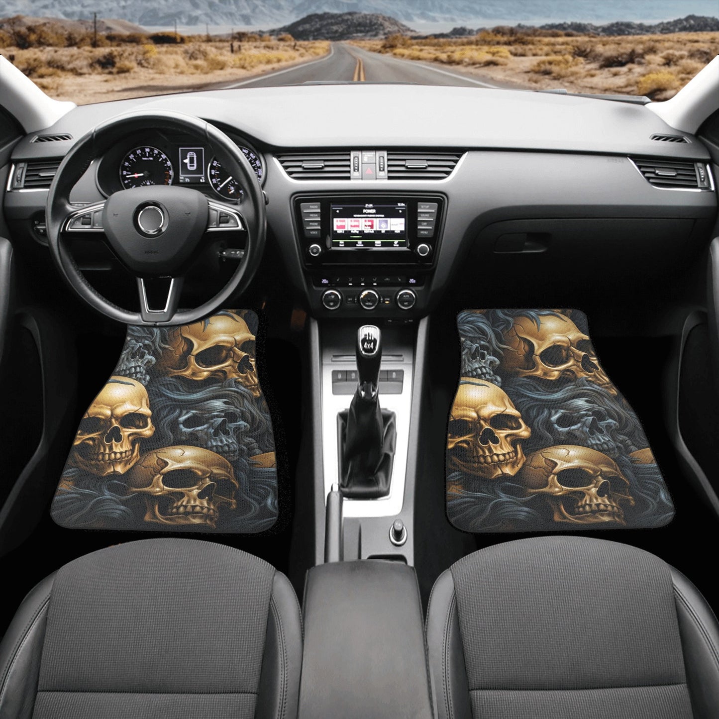 Skull with scythes car seat tool, rose skull slip-on seat covers, reaper skull car floor mat, death skull rug for car, skeleton car mat sets