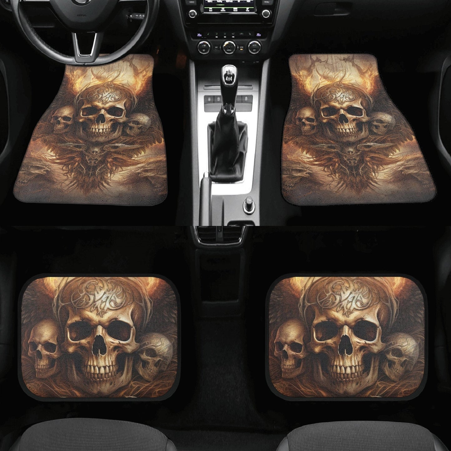 Skeleton car shifter gear cover, skull in fire washable car seat covers, flaming skull armrest covers, skull with scythes car tool christmas