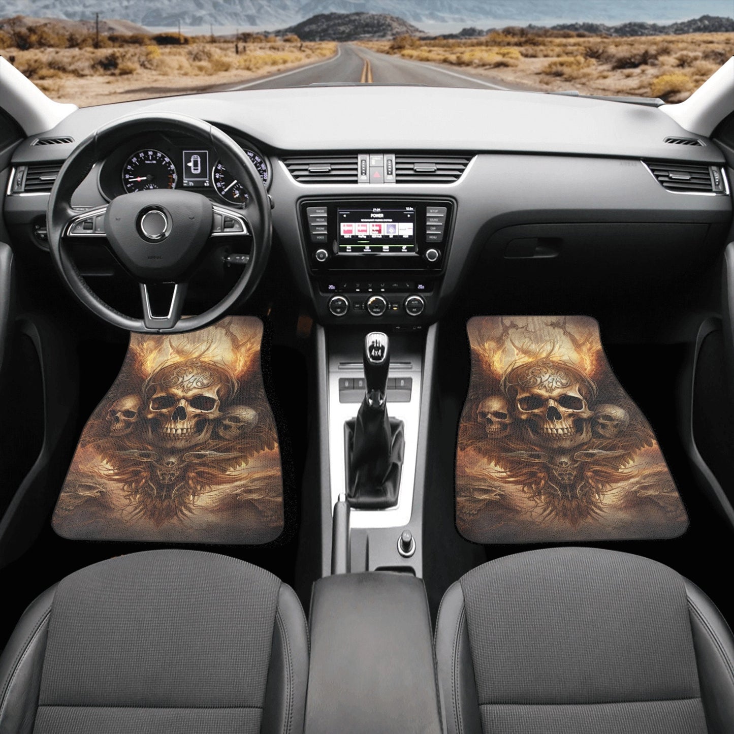 Skeleton car shifter gear cover, skull in fire washable car seat covers, flaming skull armrest covers, skull with scythes car tool christmas