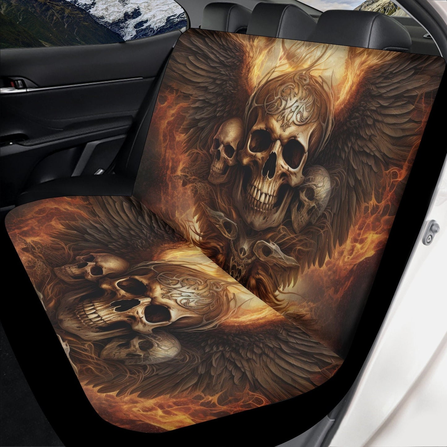 Skeleton car shifter gear cover, skull in fire washable car seat covers, flaming skull armrest covers, skull with scythes car tool christmas