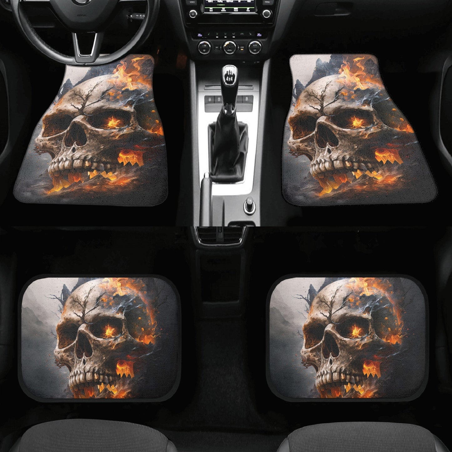 Flaming skull car seat , skull rug mat for car, halloween car shifter gear cover, death skull armrest covers, death skull seat cover protect