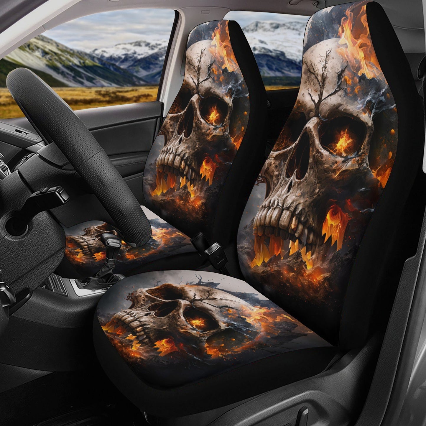 Flaming skull car seat , skull rug mat for car, halloween car shifter gear cover, death skull armrest covers, death skull seat cover protect