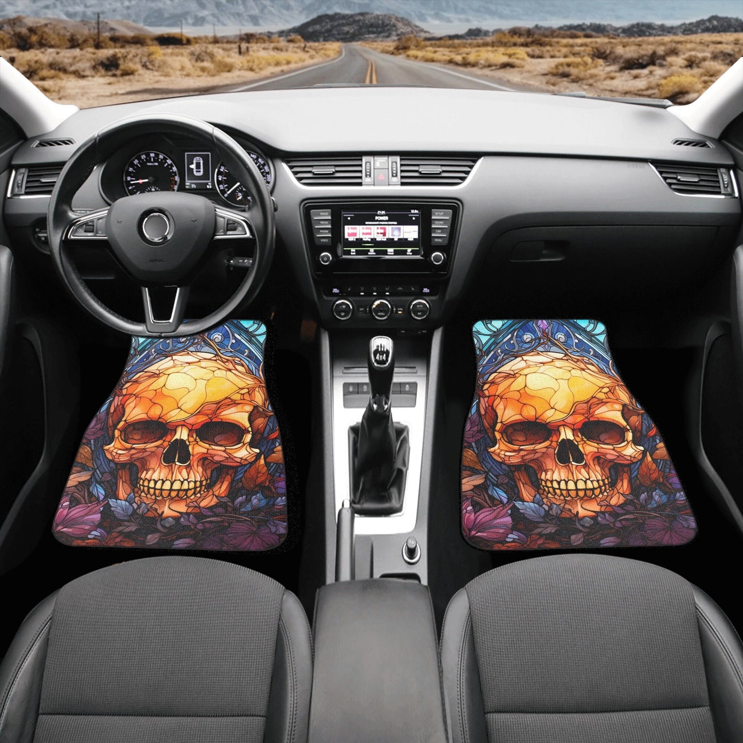 Reaper skull seat cover for car, death skull car shifter gear cover, flaming skull armrest covers, death with scythes rug mat for car mats