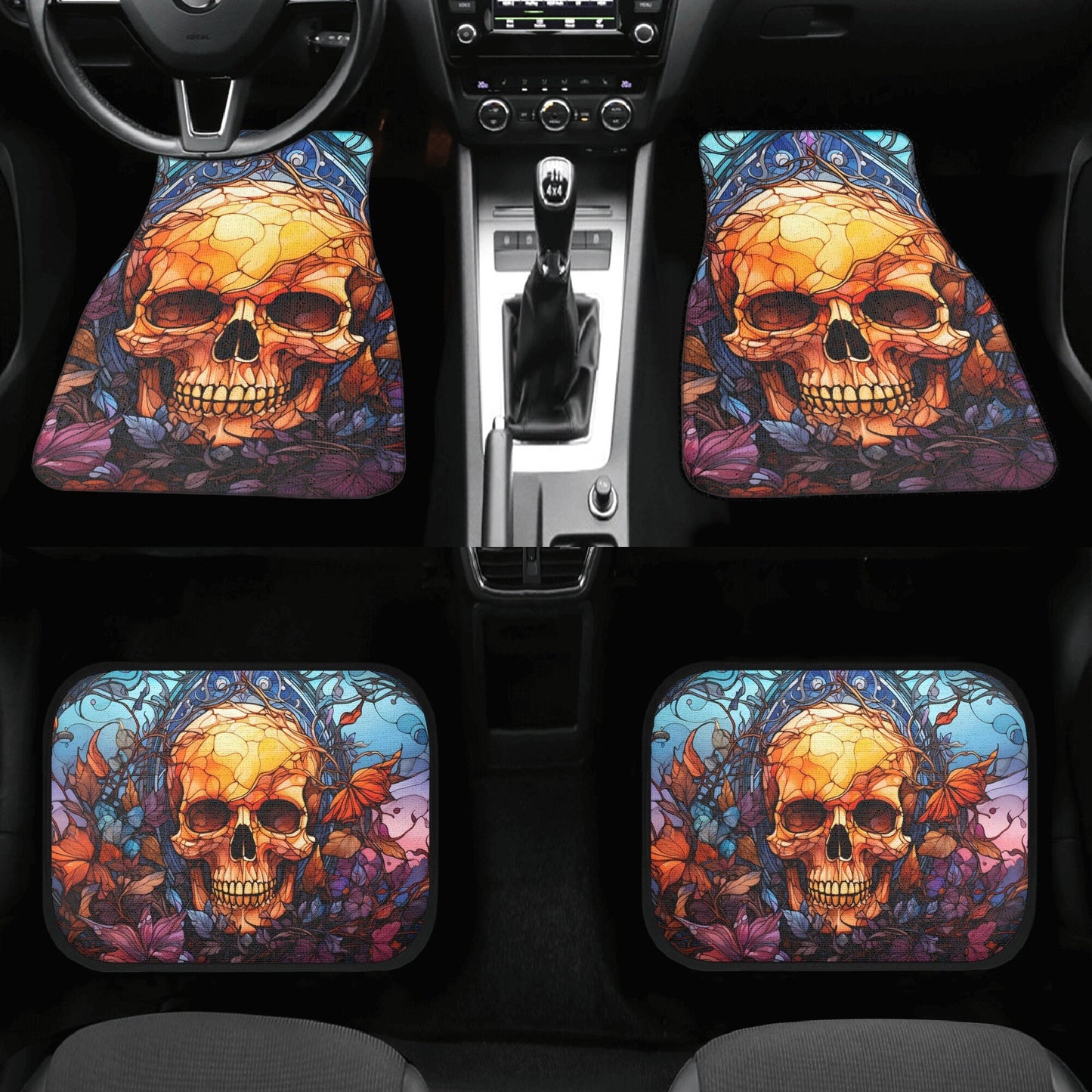 Reaper skull seat cover for car, death skull car shifter gear cover, flaming skull armrest covers, death with scythes rug mat for car mats