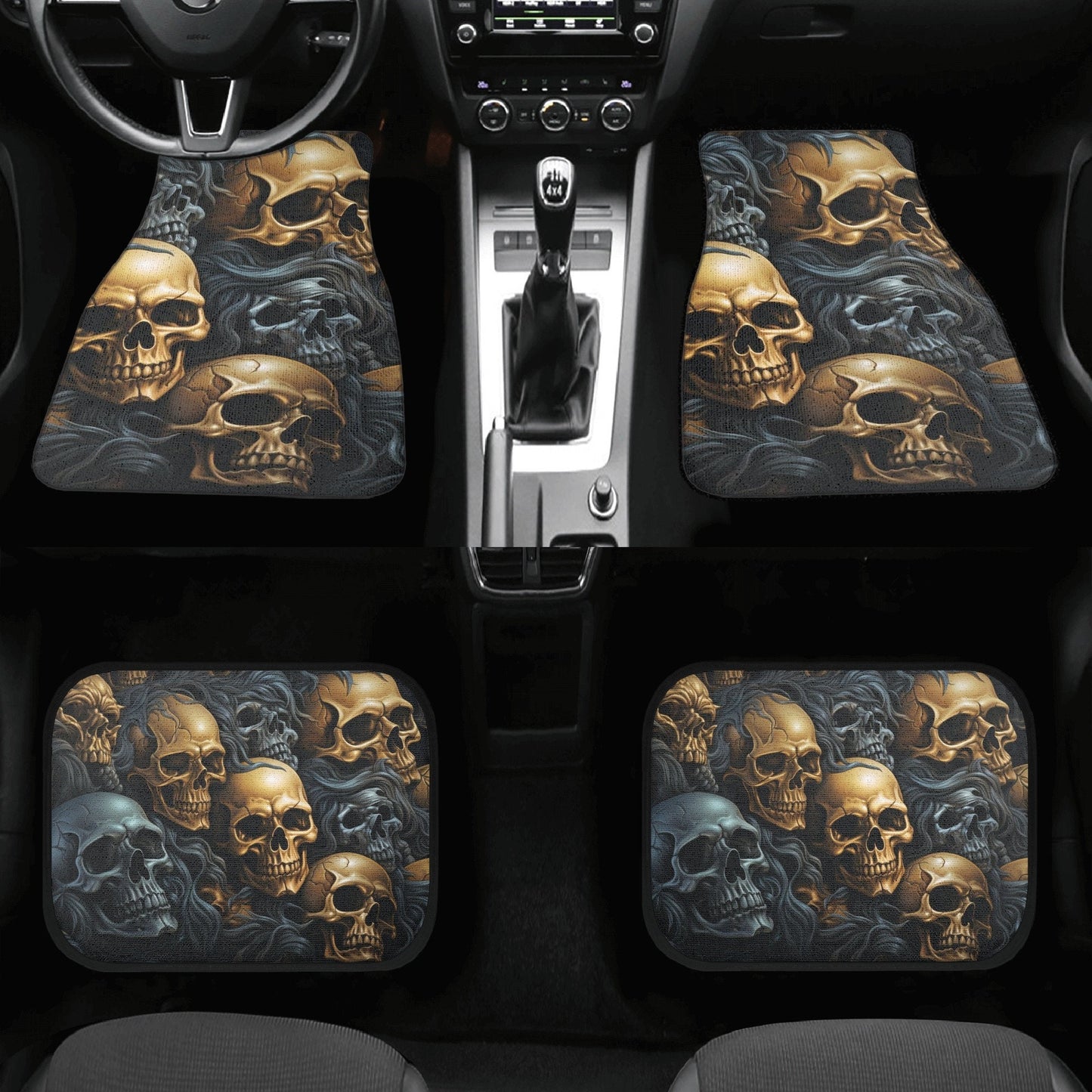 Skull with scythes car seat tool, rose skull slip-on seat covers, reaper skull car floor mat, death skull rug for car, skeleton car mat sets