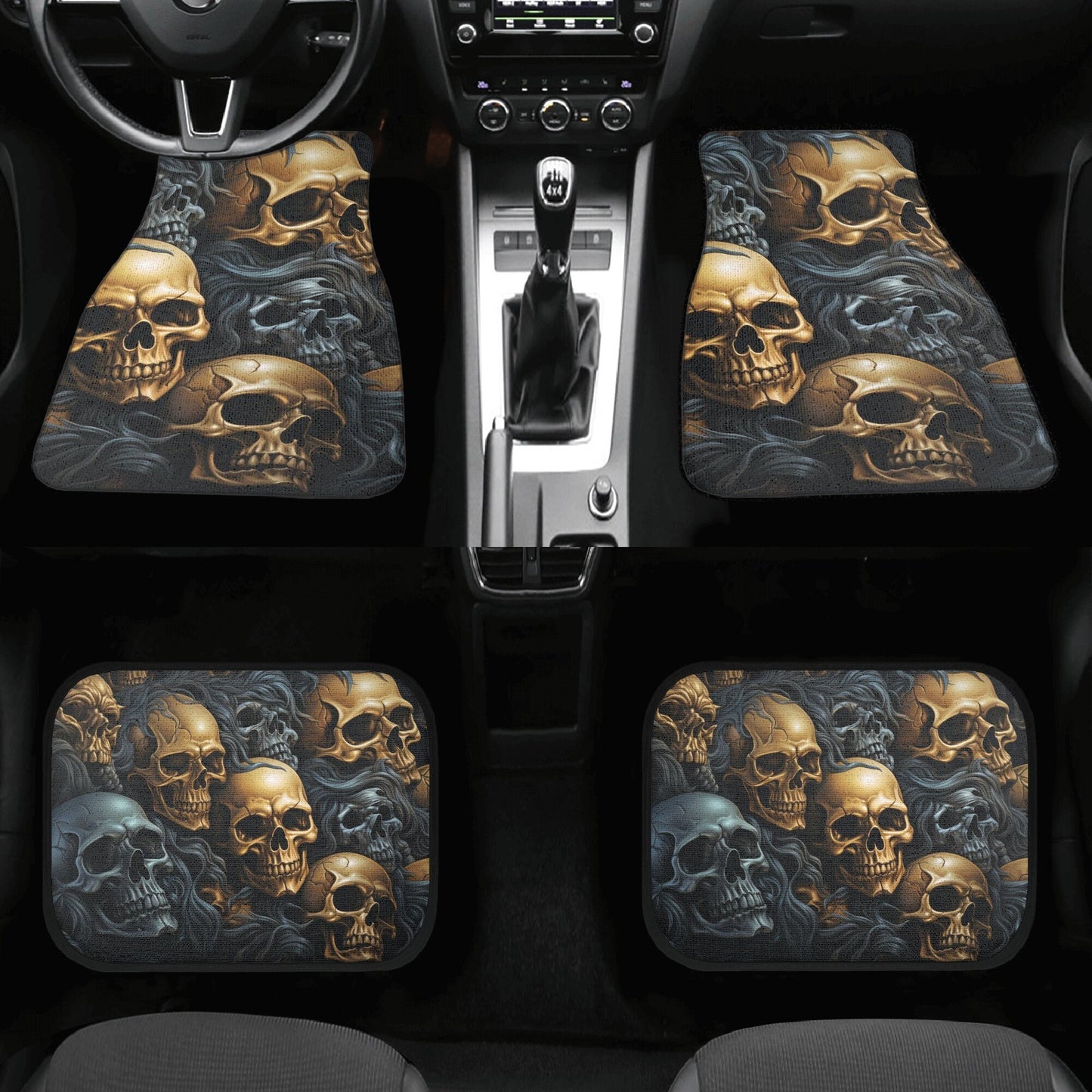 Skull with scythes car seat tool, rose skull slip-on seat covers, reaper skull car floor mat, death skull rug for car, skeleton car mat sets