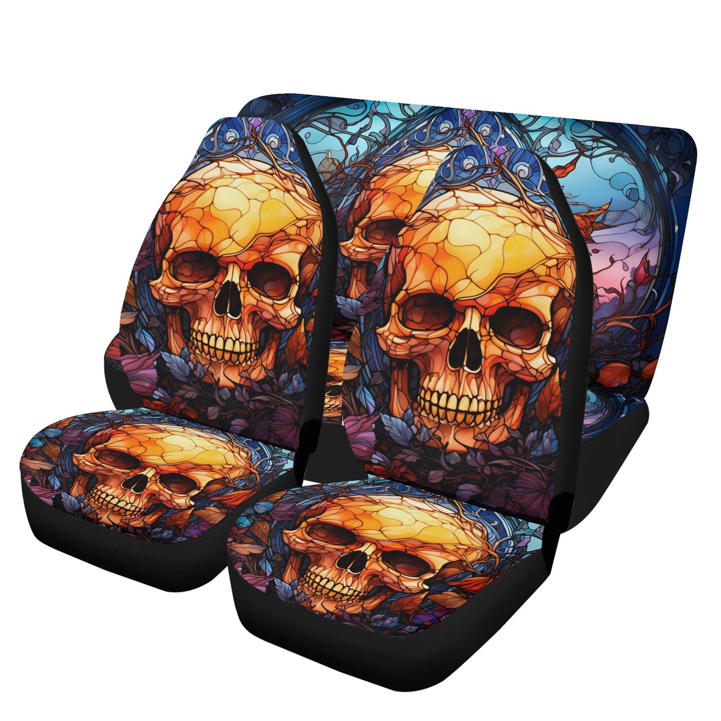 Reaper skull seat cover for car, death skull car shifter gear cover, flaming skull armrest covers, death with scythes rug mat for car mats