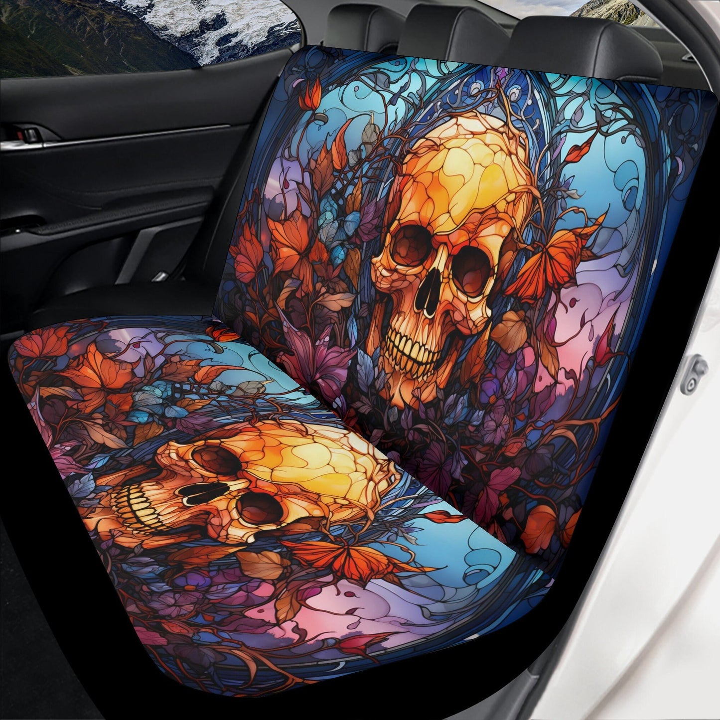 Reaper skull seat cover for car, death skull car shifter gear cover, flaming skull armrest covers, death with scythes rug mat for car mats