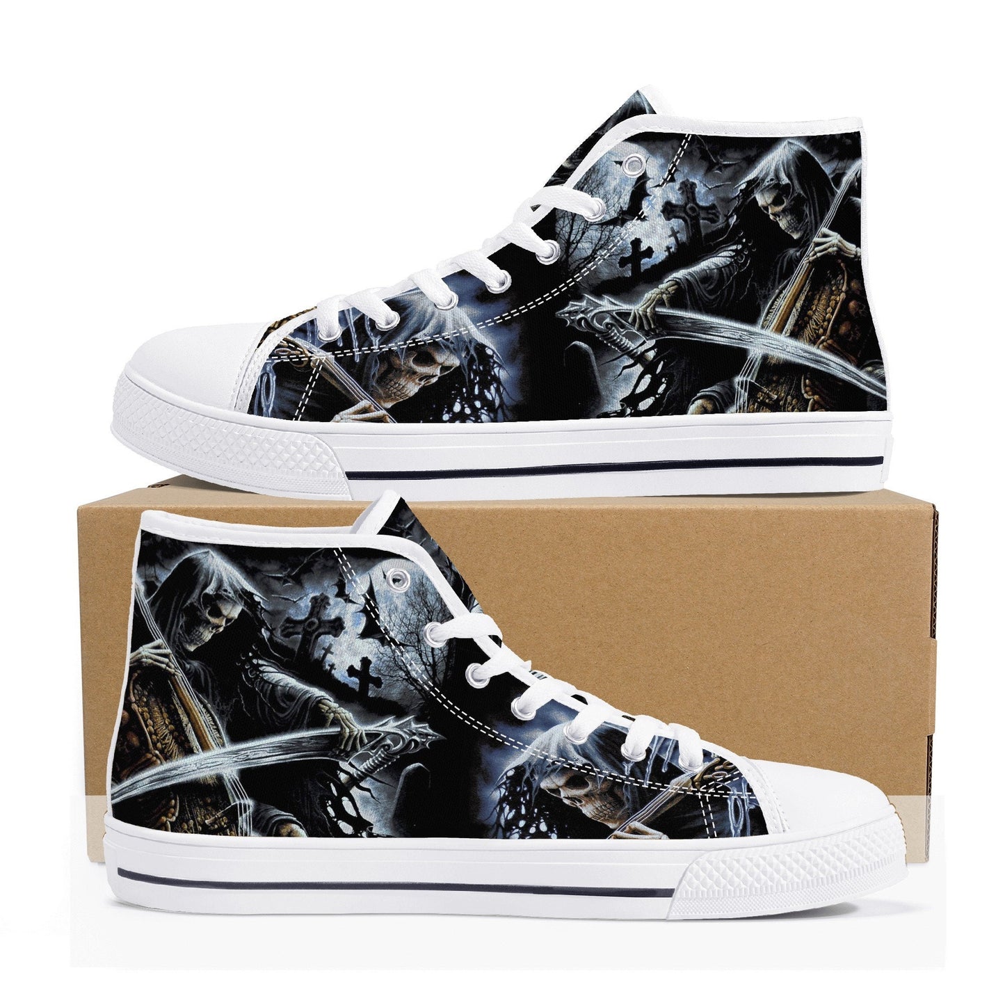 Punisher skull shoes for her, reaper skull shoes for her, rose skull men shoes, skull with scythes sneakers gift, evil face causual shoes, g