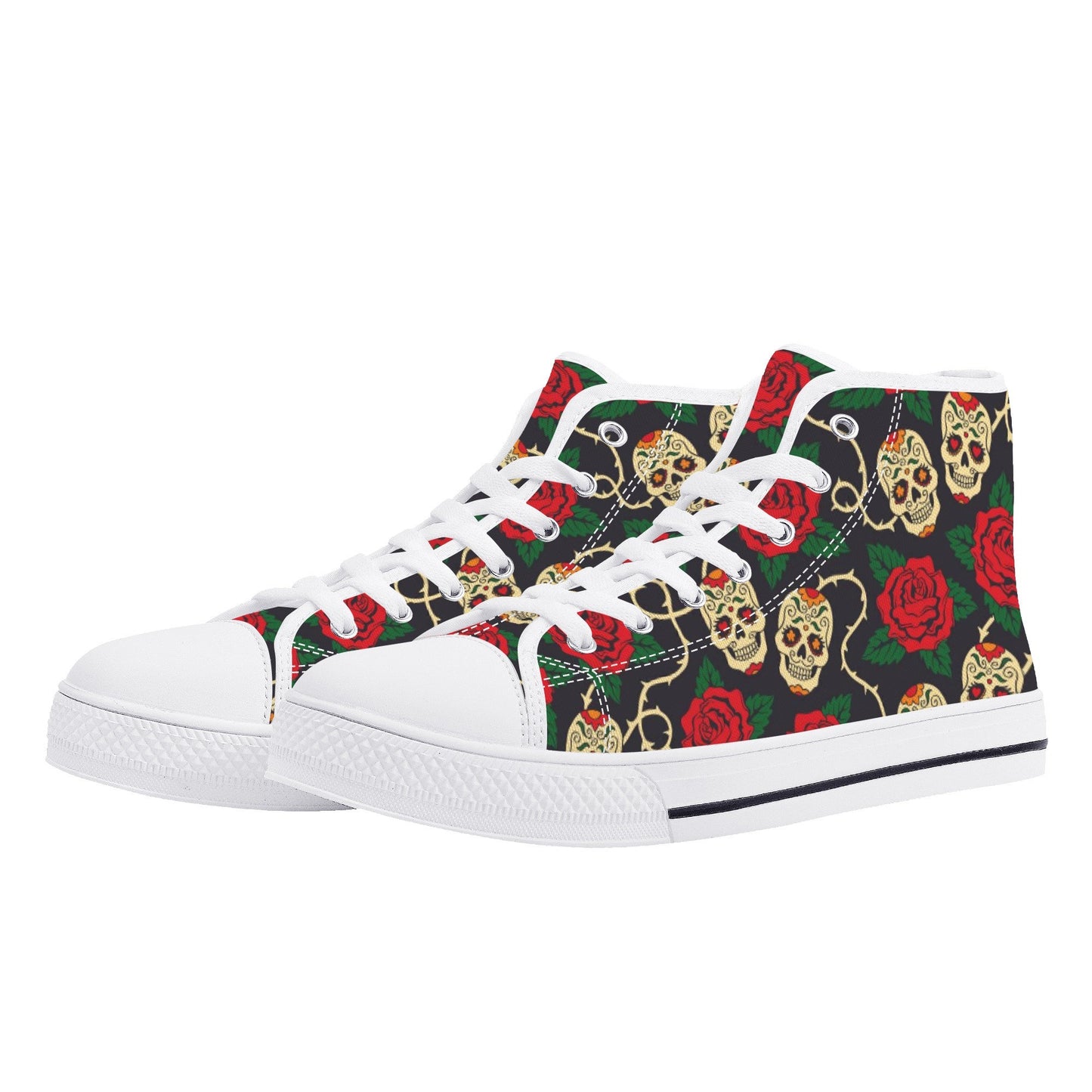Floral skull causual shoes, flame skull high top shoes, motorcycle skull sneakers gift, skeleton men shoes, rose skull high top shoes, rose