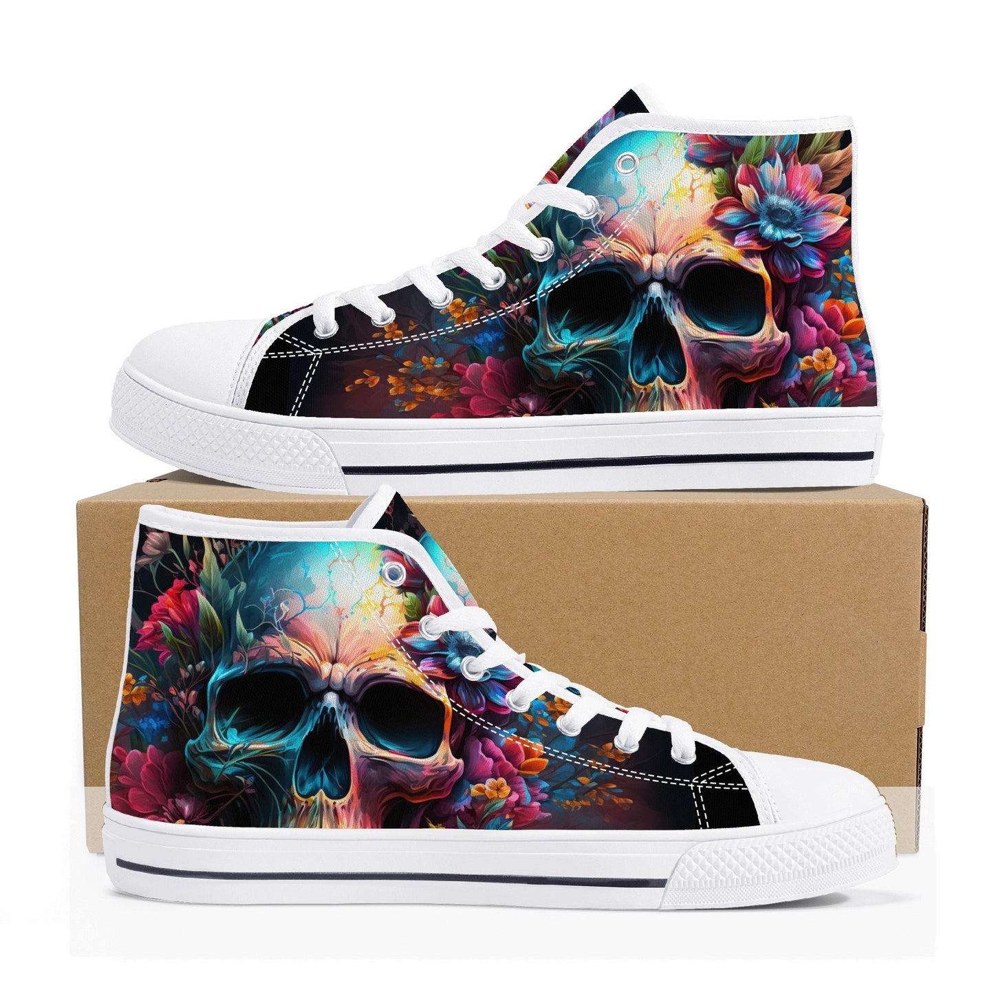 Rose skull causual sneakers, punisher skull shoes, skull in fire shoes gift, biker skull high-top shoes, christmas skull shoes for her, moto