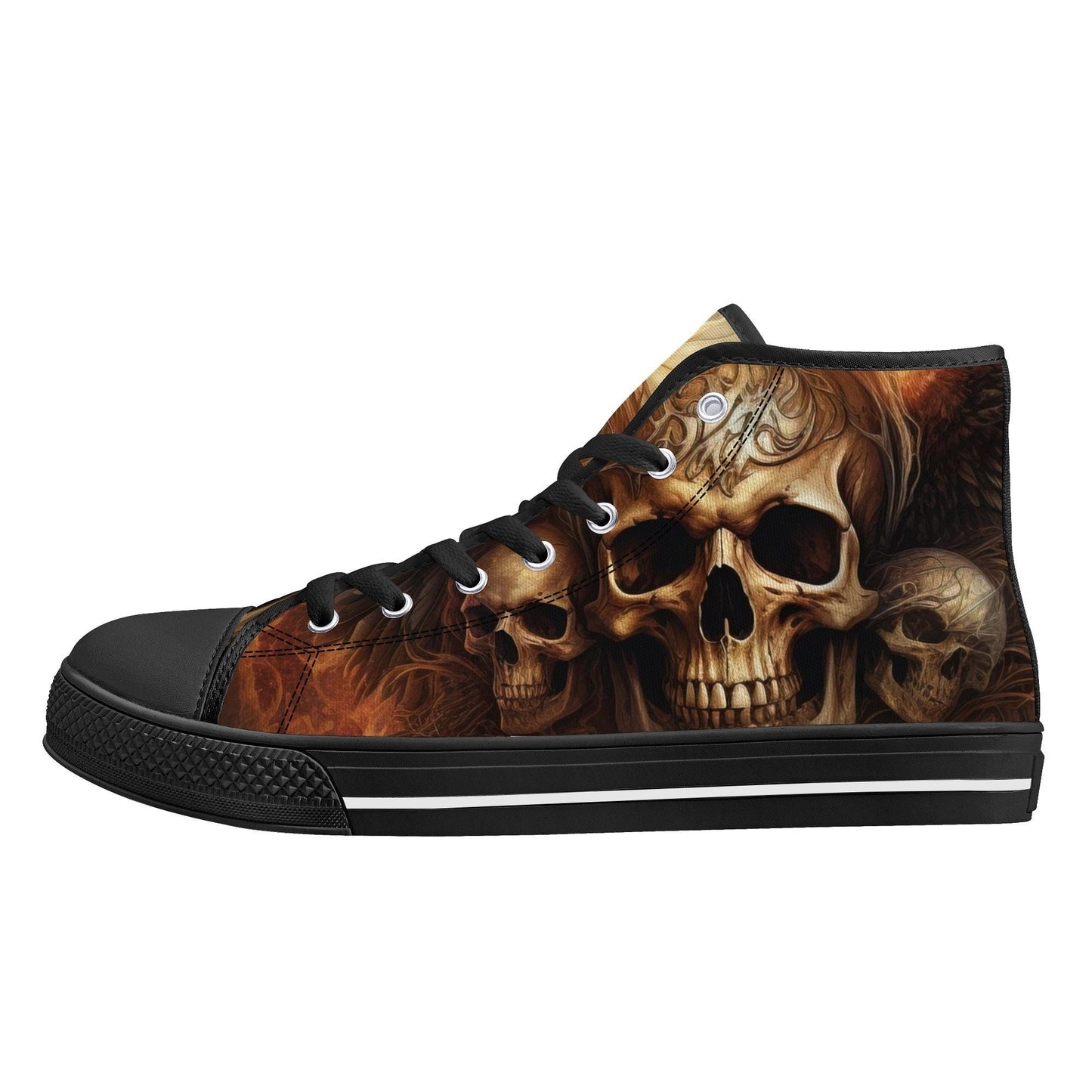 Goth canvas shoes, flaming skull high top shoes, rose skull shoes, flaming skull men sneakers, hooded skull women sneakers, gothic skull sho