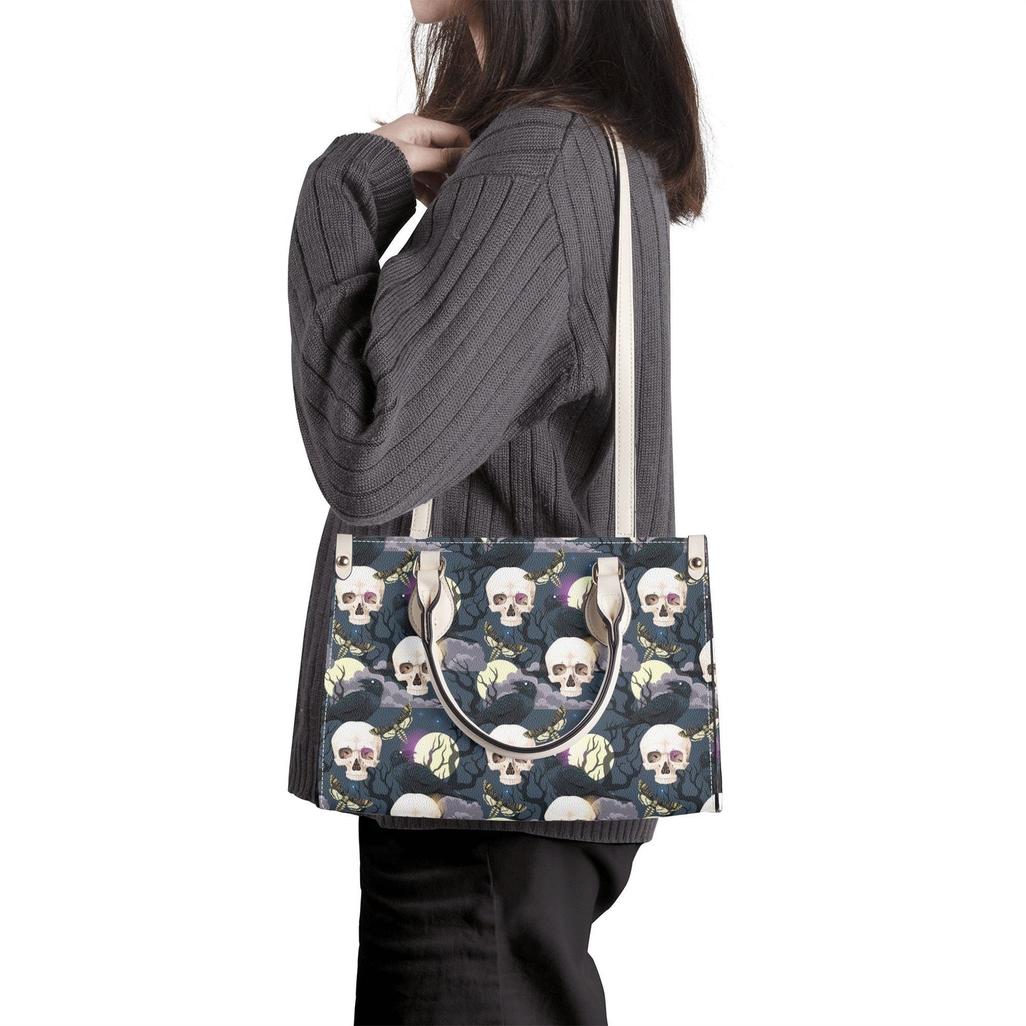 Evil face bag with shoulder strap, dark horror tote bag, rose skull purse, flame skull women's handbag, floral skull purse, death with scyth