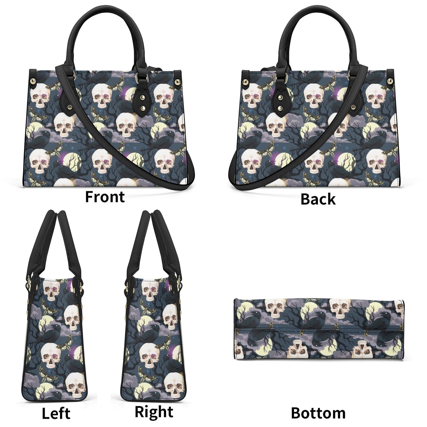 Evil face bag with shoulder strap, dark horror tote bag, rose skull purse, flame skull women's handbag, floral skull purse, death with scyth