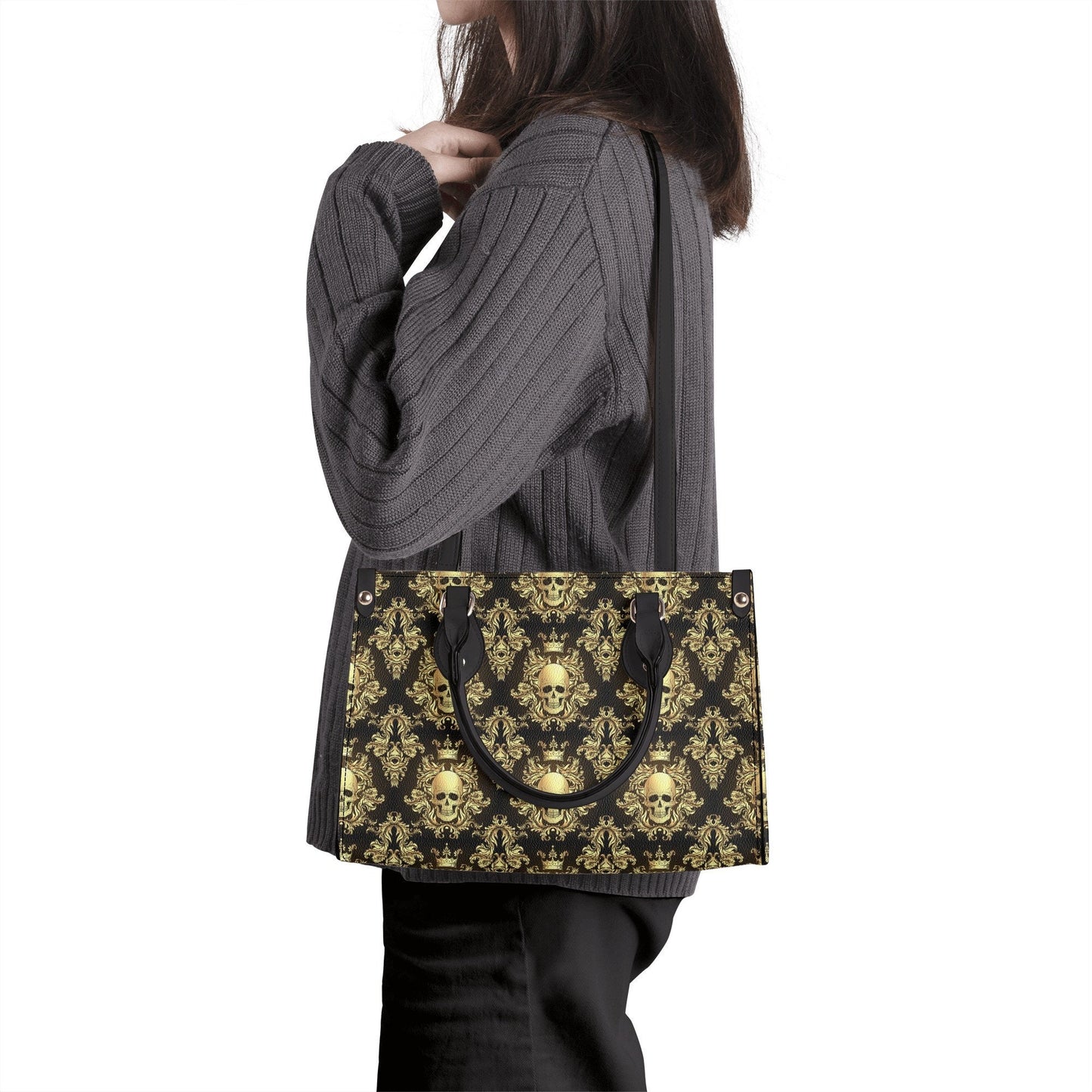 Skull with scythes cosmetic bag, hooded skull travel bag, halloween large tote bag, skull in fire crossbody bag, rose skull handbag with str