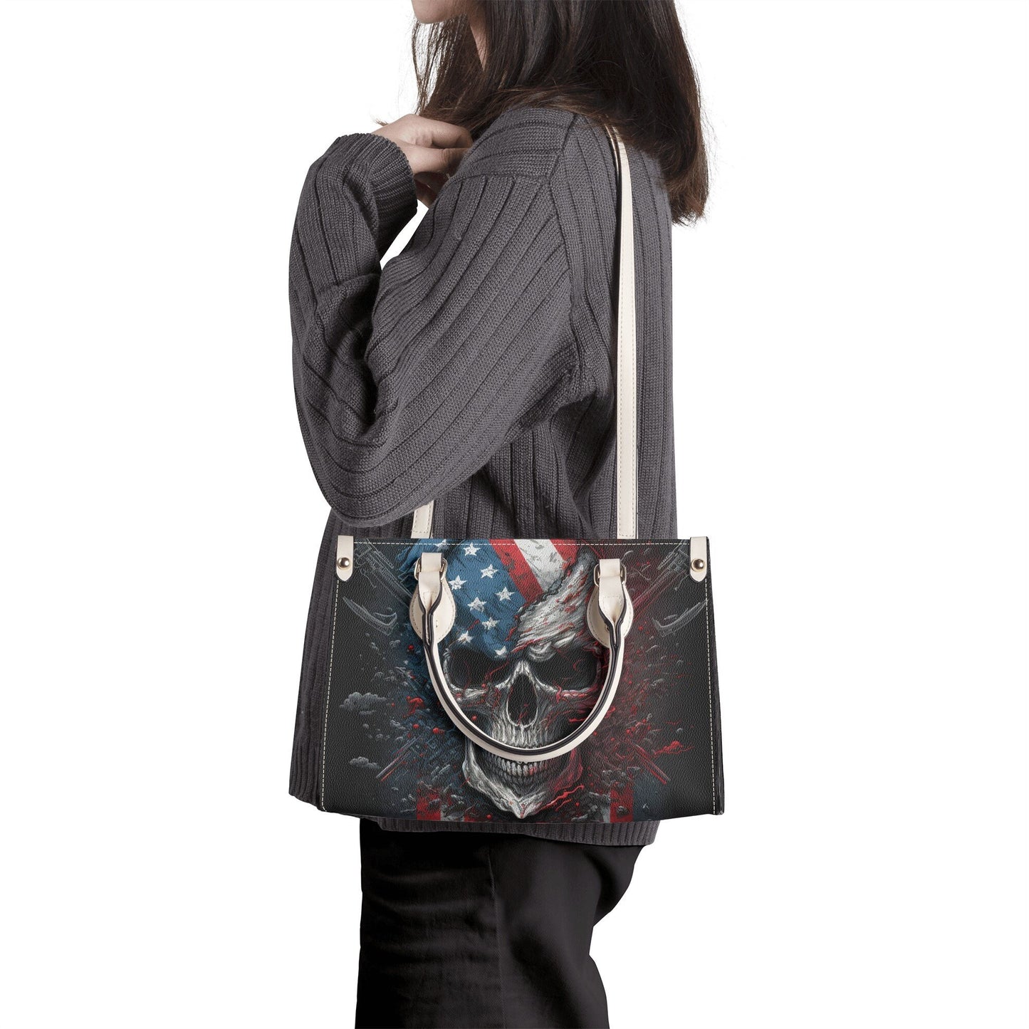 Skull with scythes purse, reaper skull women's handbag, halloween travel bag, skeleton tote bag, Spooky Halloween large tote bag, hooded sku