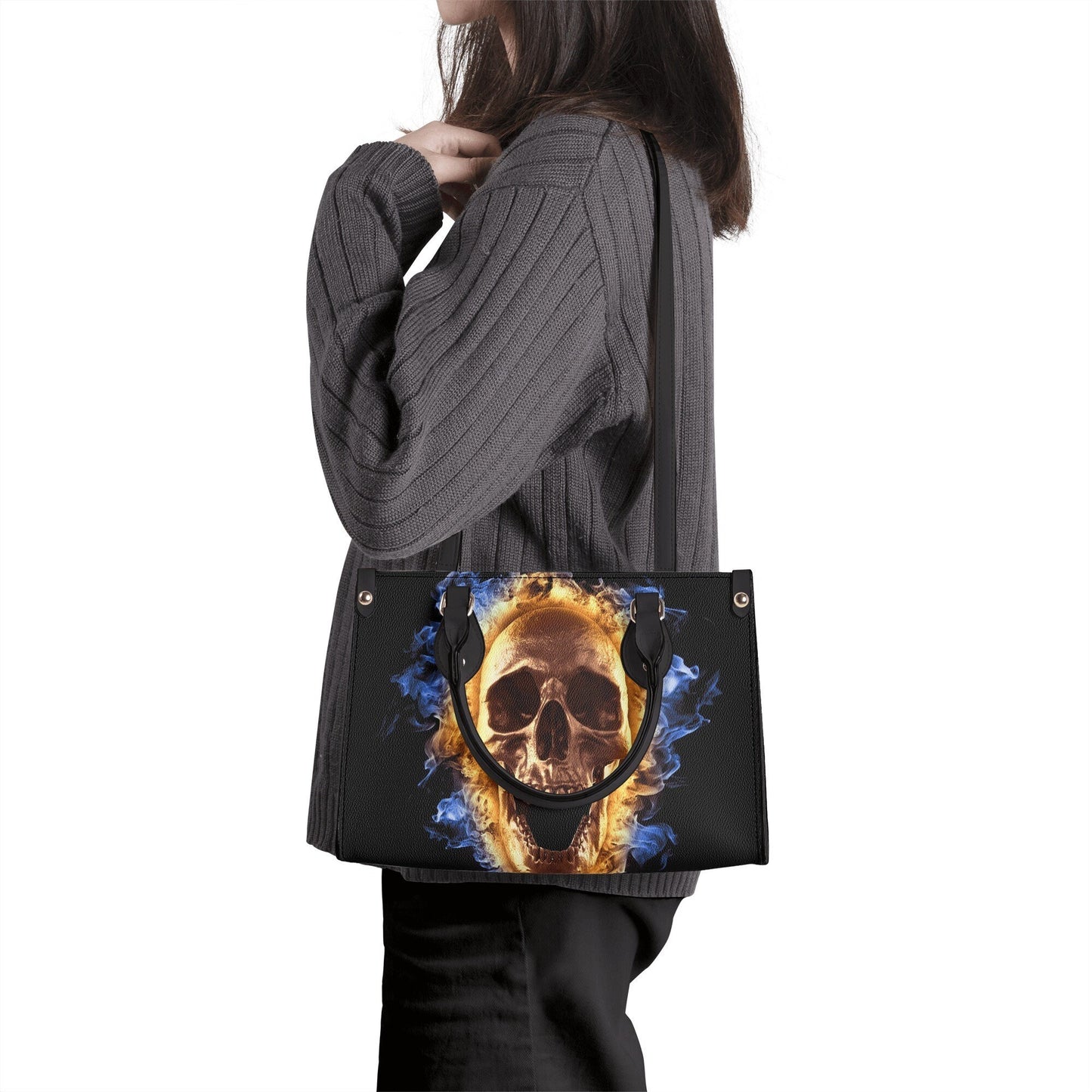 Spooky death crossbody bag, punisher skull women's handbag, motorcycle skull bag with shoulder strap, goth large tote bag, floral skull mess