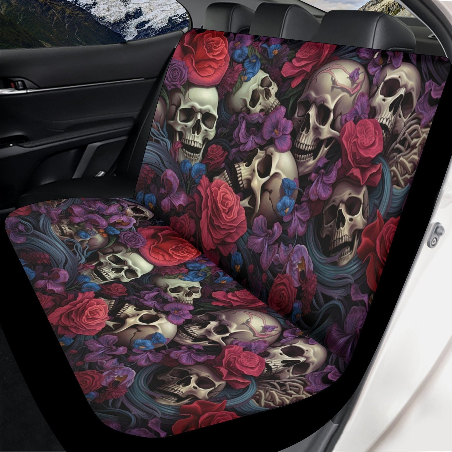 Rose skull steering wheel, halloween car headrest covers, motorcycle skull car seat accessory, spooky death seat cover for vehicles, hooded