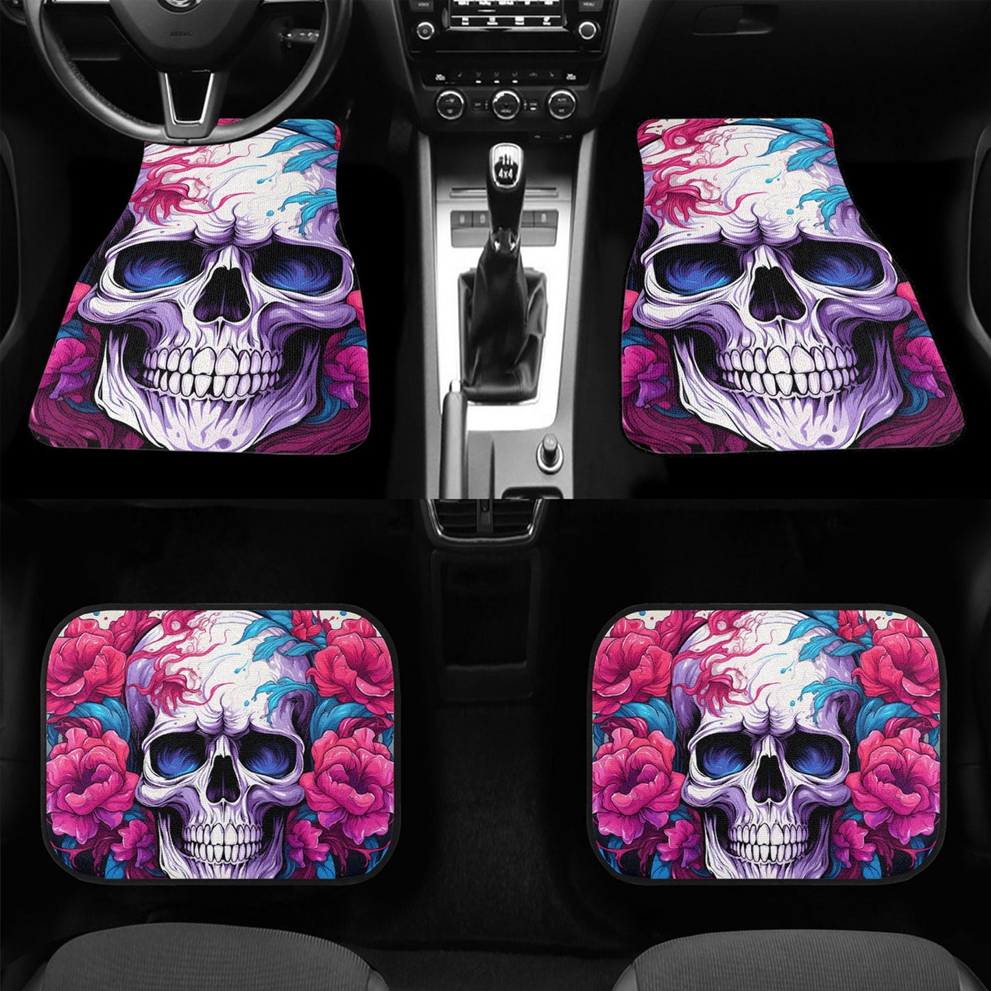 Flower skull car floor mat, christmas skull car mat flooring, biker skull rug for car, flower skull seat cover for truck, floral skull car a