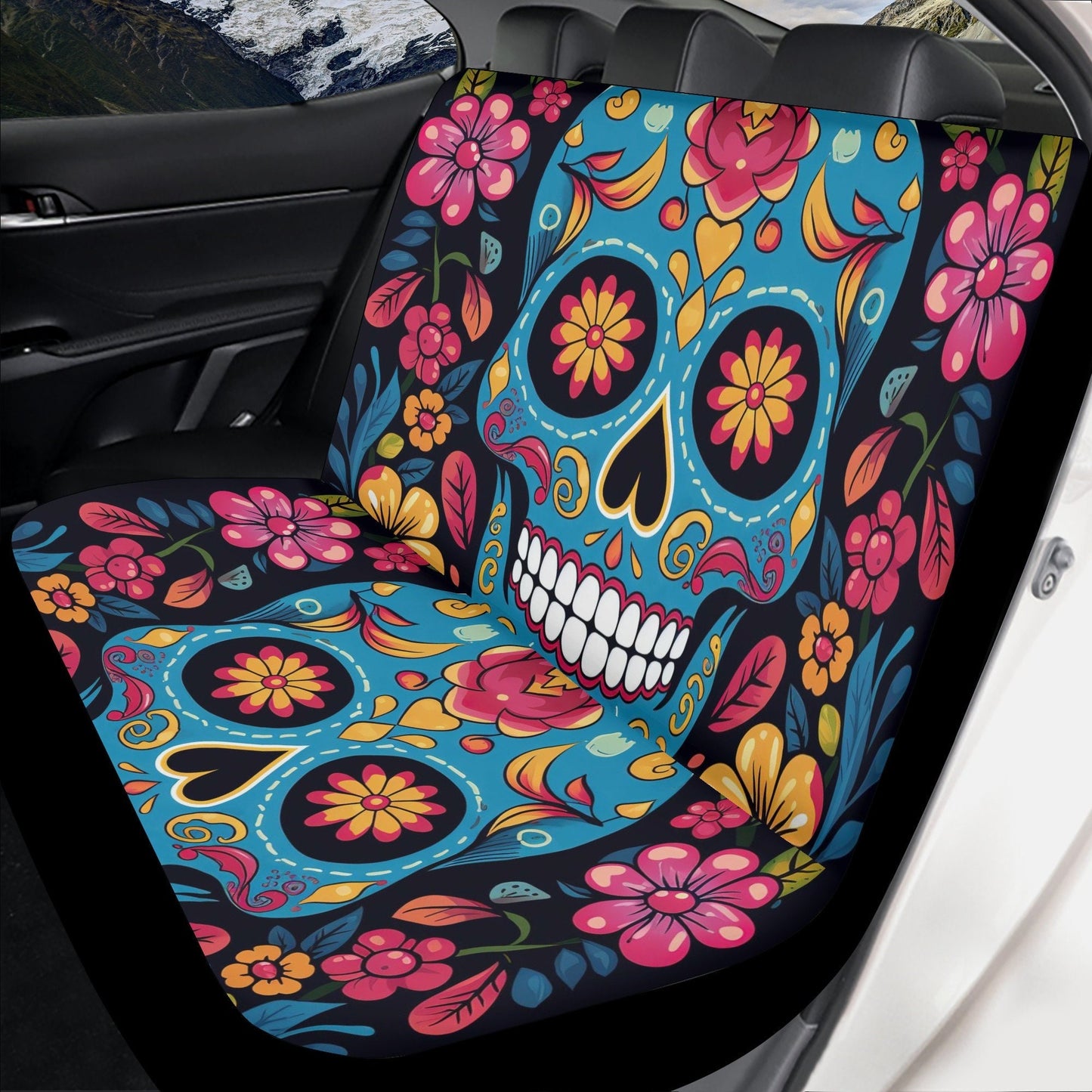 Day of the dead slip-on seat covers, day of the dead armrest covers, floral sugar skull front and back car seat covers, sugar skull car seat
