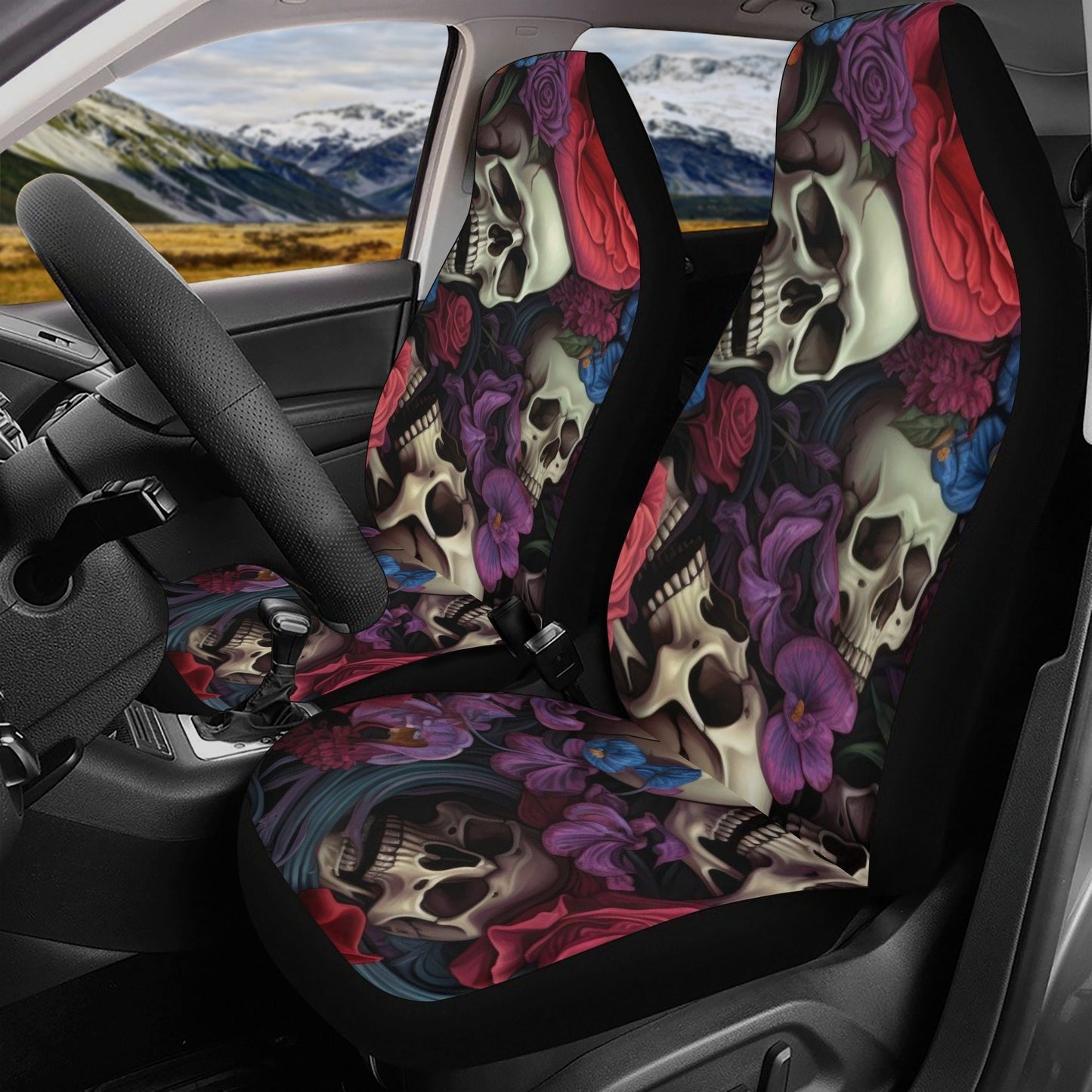 Rose skull steering wheel, halloween car headrest covers, motorcycle skull car seat accessory, spooky death seat cover for vehicles, hooded