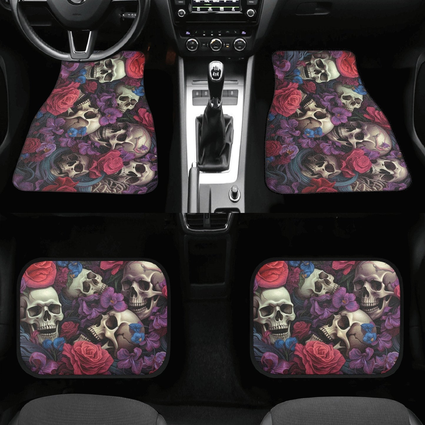 Rose skull steering wheel, halloween car headrest covers, motorcycle skull car seat accessory, spooky death seat cover for vehicles, hooded