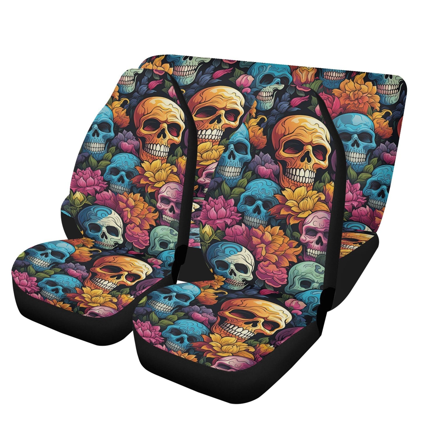 Evil face rug mat for car, floral skull slip-on seat covers, dark horror seat cushion, evil car accessories, flame skull car seat cover full