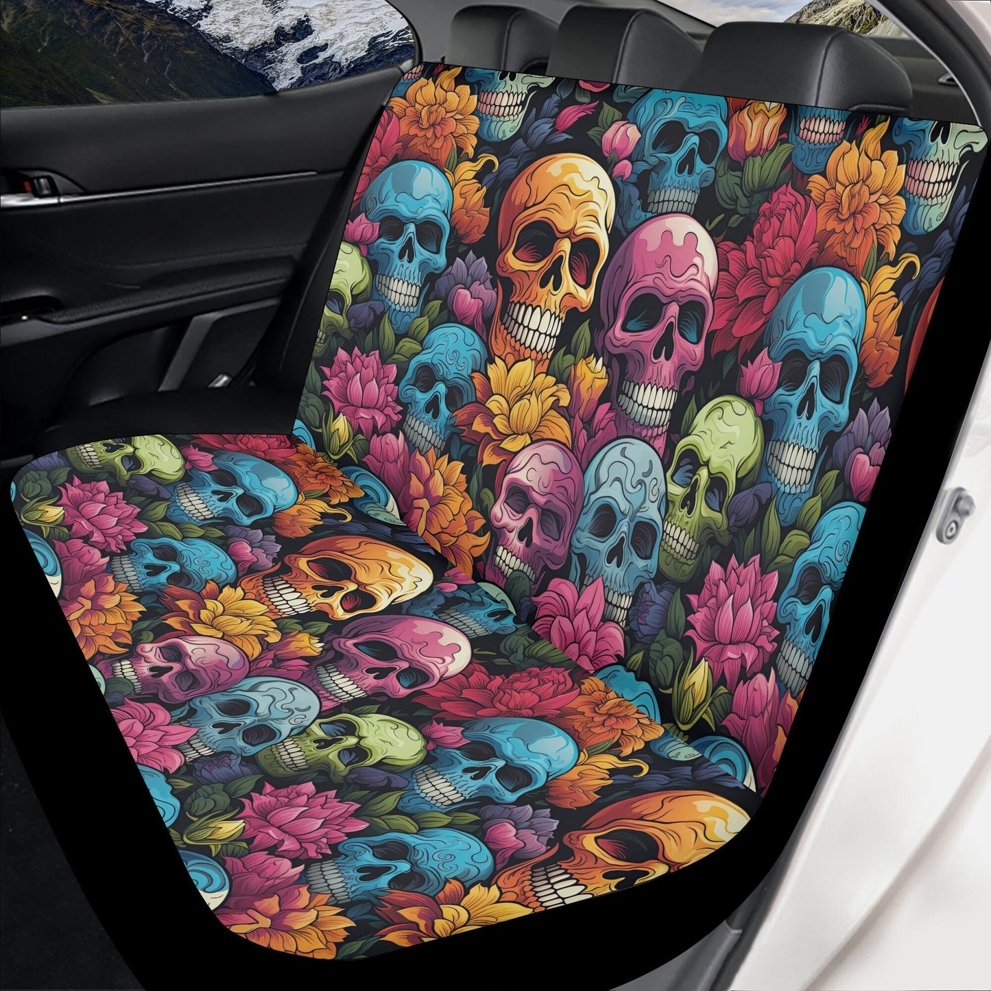 Evil face rug mat for car, floral skull slip-on seat covers, dark horror seat cushion, evil car accessories, flame skull car seat cover full