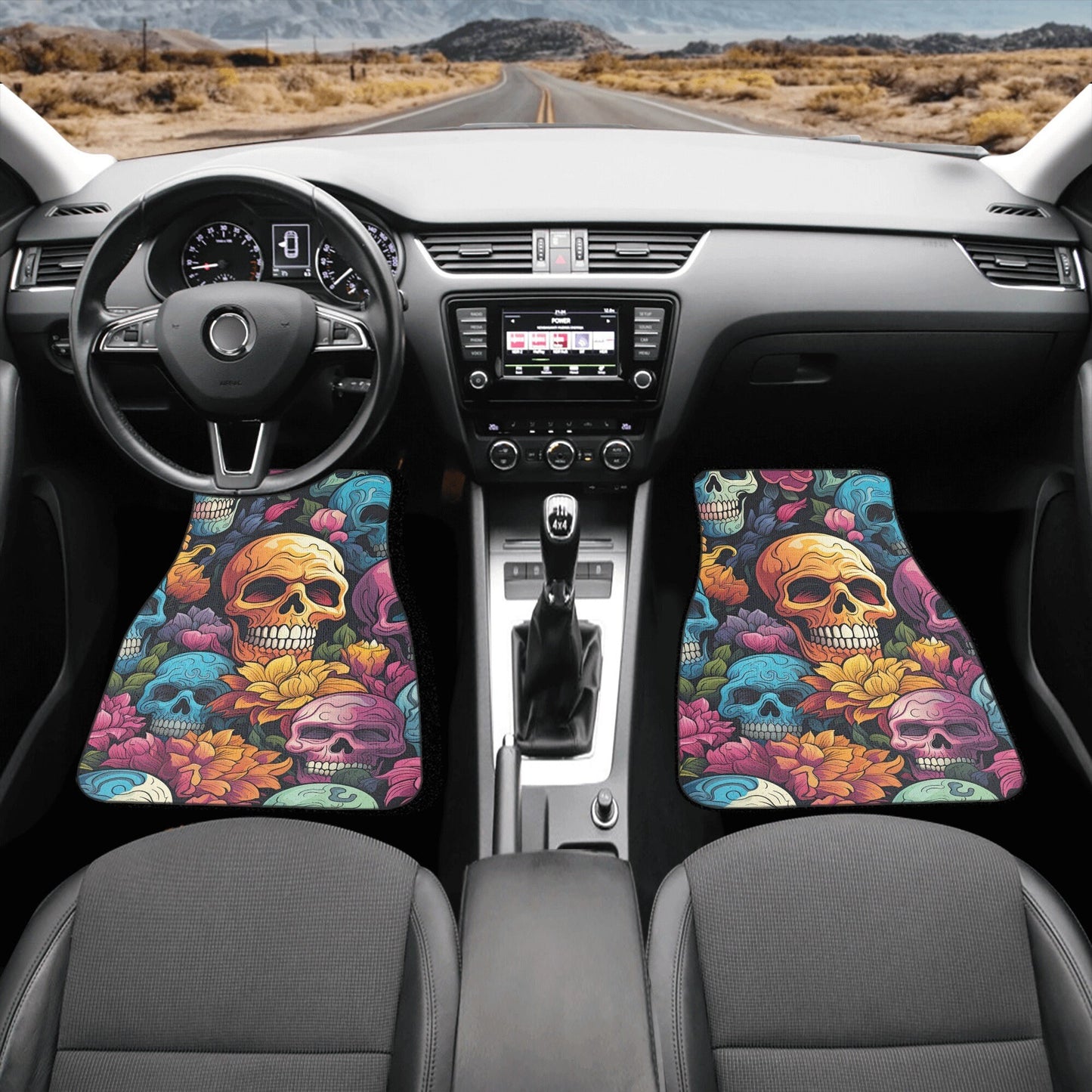 Evil face rug mat for car, floral skull slip-on seat covers, dark horror seat cushion, evil car accessories, flame skull car seat cover full