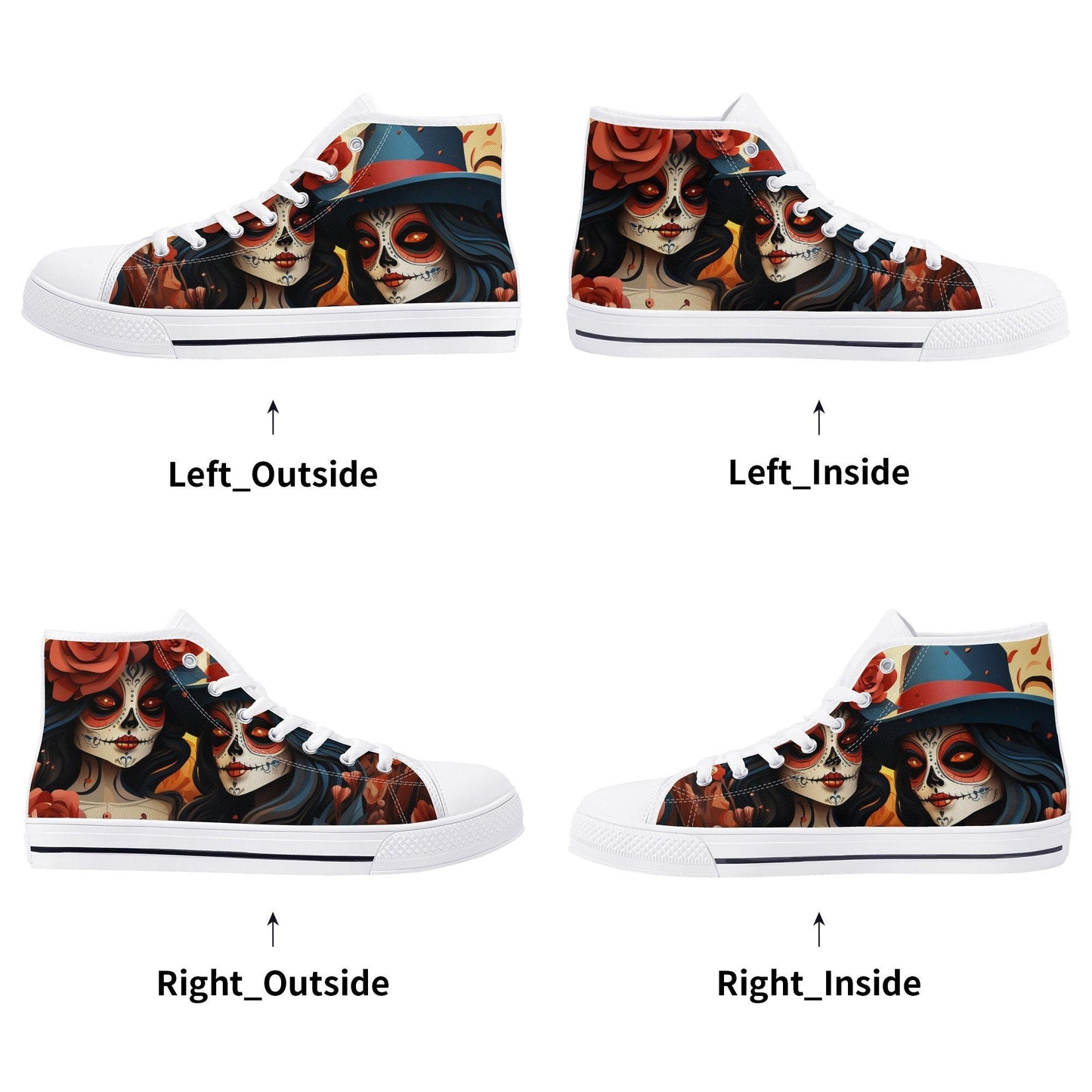 Mexican skull causual sneakers, dia de los muertos skull women shoes, sugar skull girl high top shoes, floral skull men shoes, dia de los mu