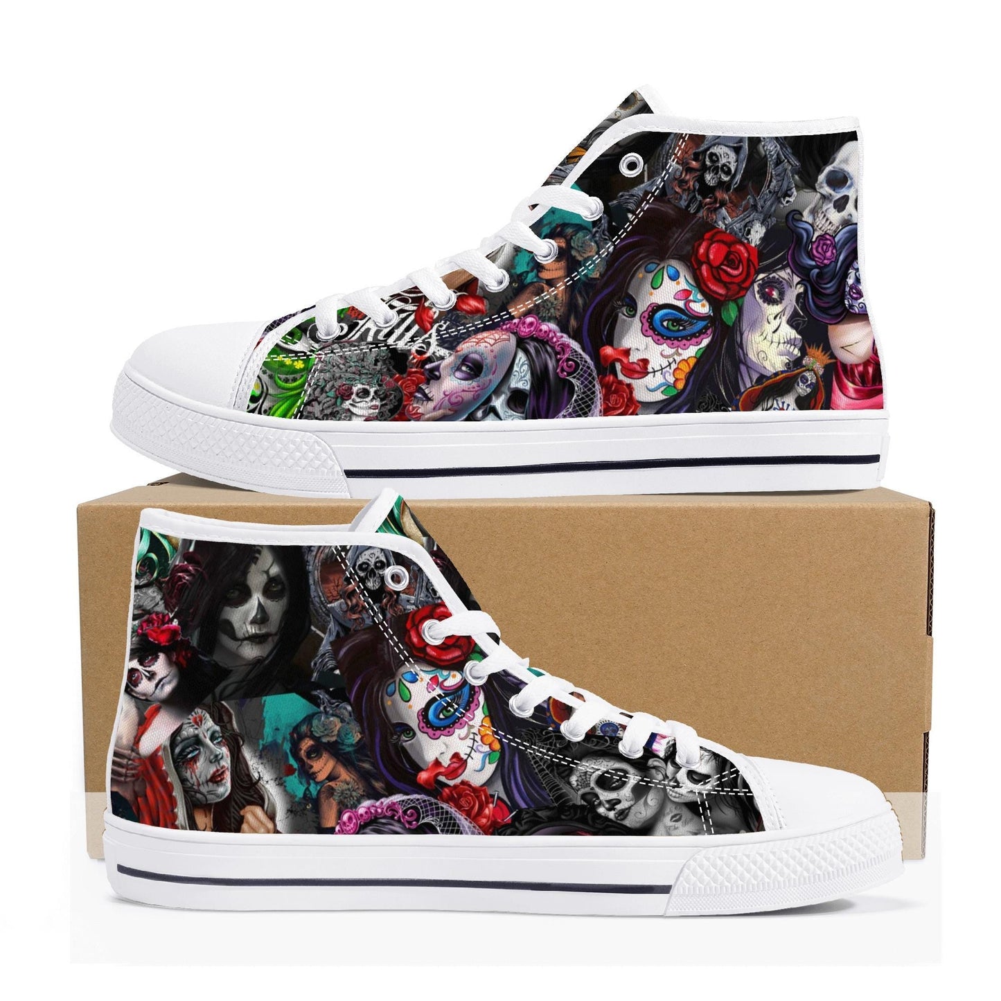 Sugar skull shoes, day of the dead hight top sneakers, dia de los muertos skull sneakers gift, day of the dead high top shoes