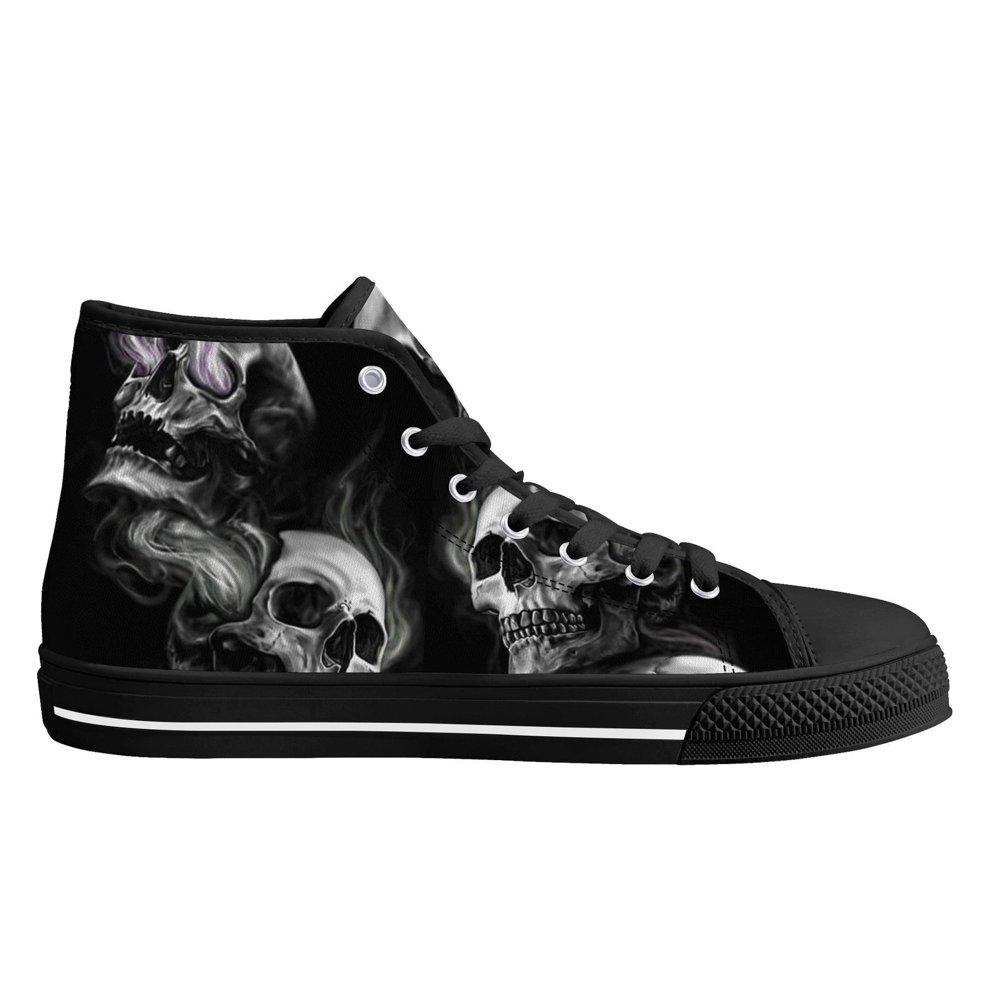 Skull High Top Shoes Black Canvas Sneakers with Smoky Skeleton Design Perfect for Goth Style, Streetwear and Halloween Unique Footwear Gift