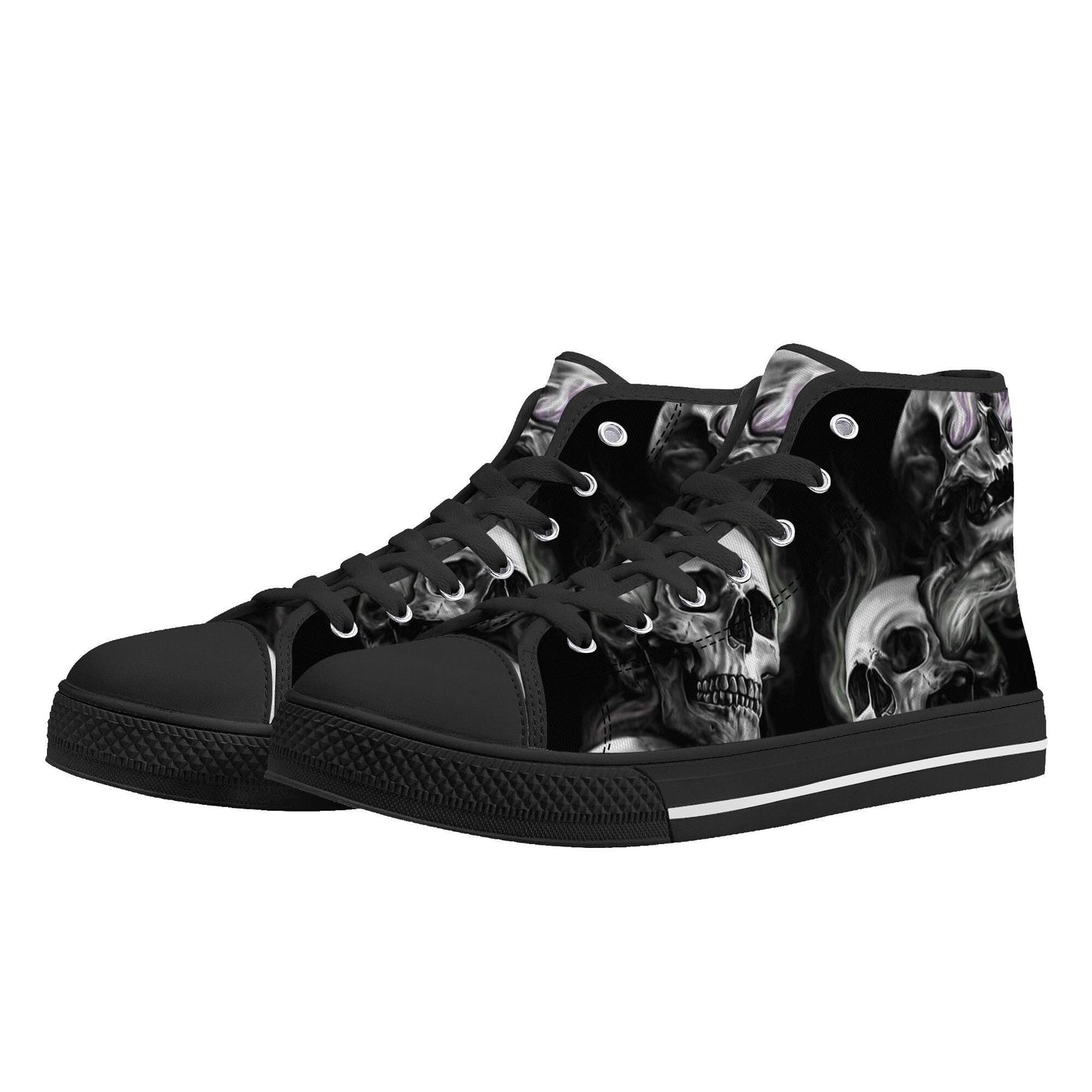 Skull High Top Shoes Black Canvas Sneakers with Smoky Skeleton Design Perfect for Goth Style, Streetwear and Halloween Unique Footwear Gift