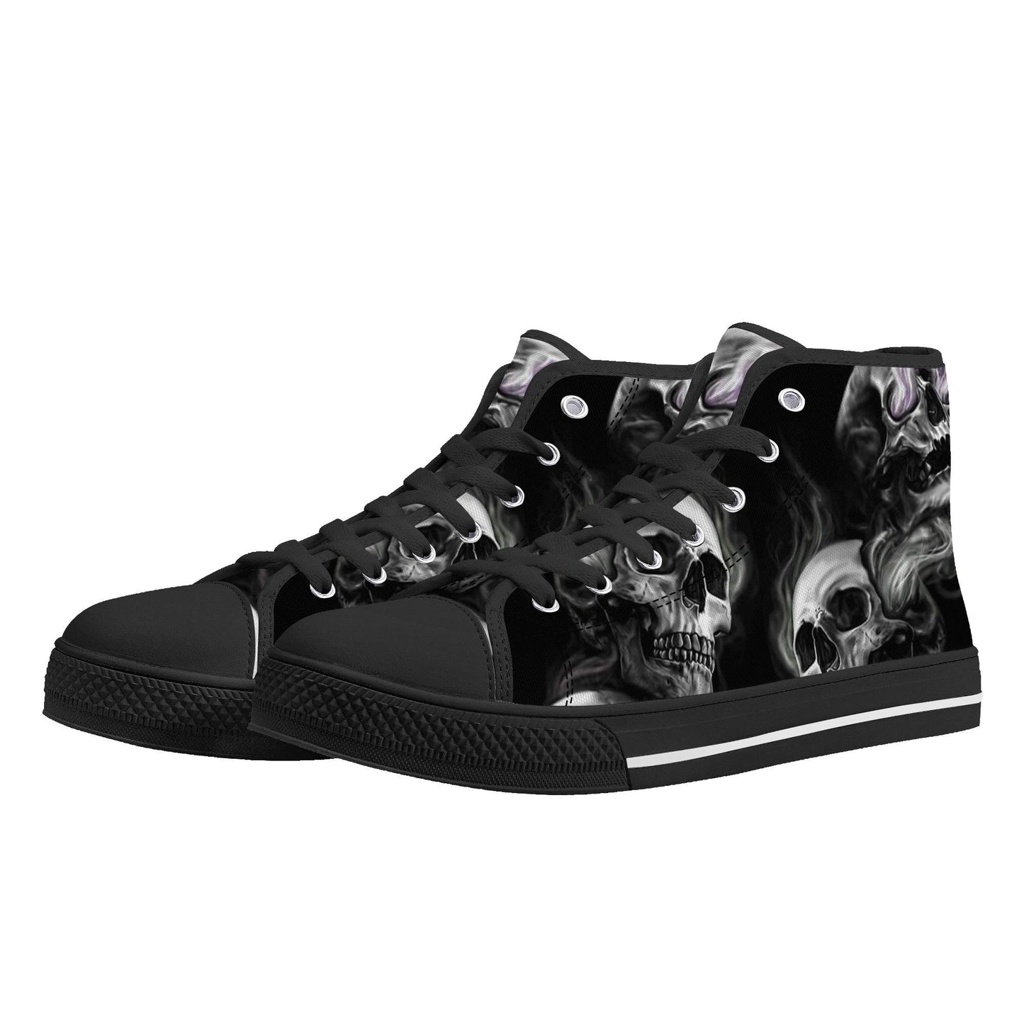 Skull High Top Shoes Black Canvas Sneakers with Smoky Skeleton Design Perfect for Goth Style, Streetwear and Halloween Unique Footwear Gift