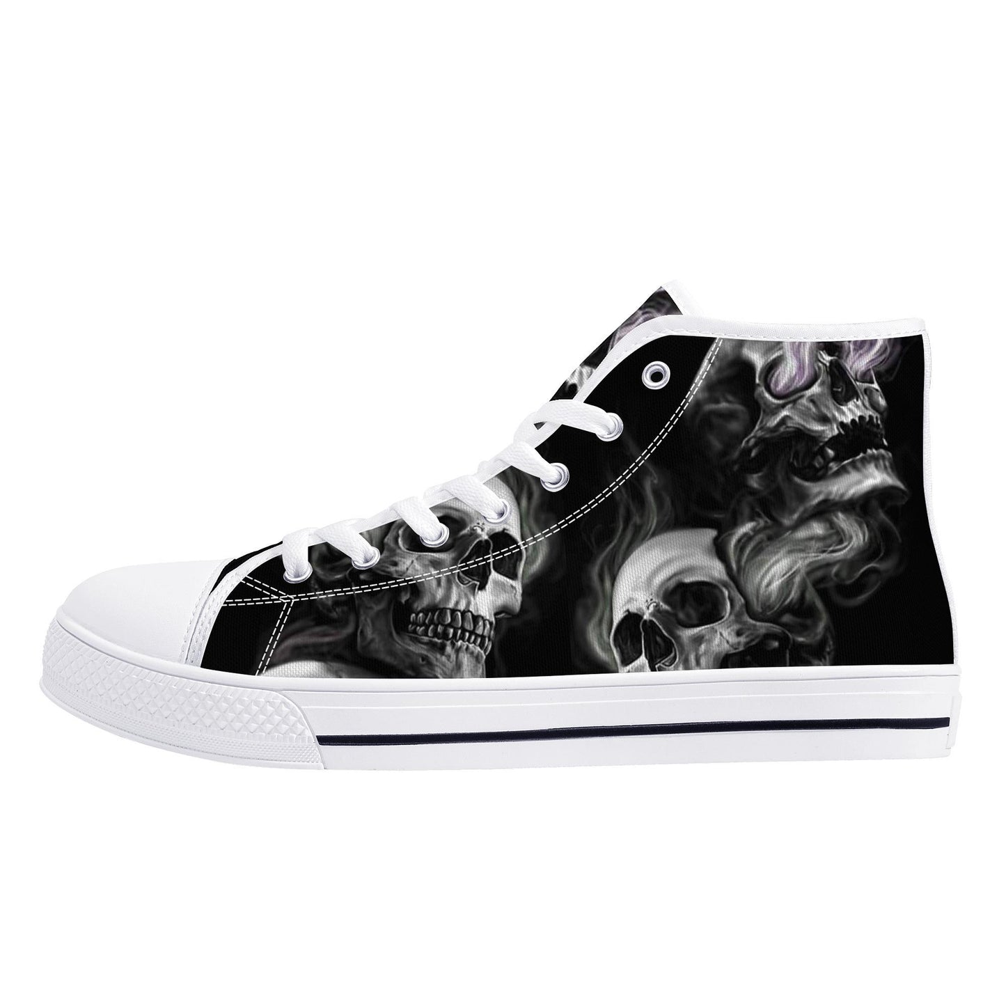 Skull High Top Shoes Black Canvas Sneakers with Smoky Skeleton Design Perfect for Goth Style, Streetwear and Halloween Unique Footwear Gift