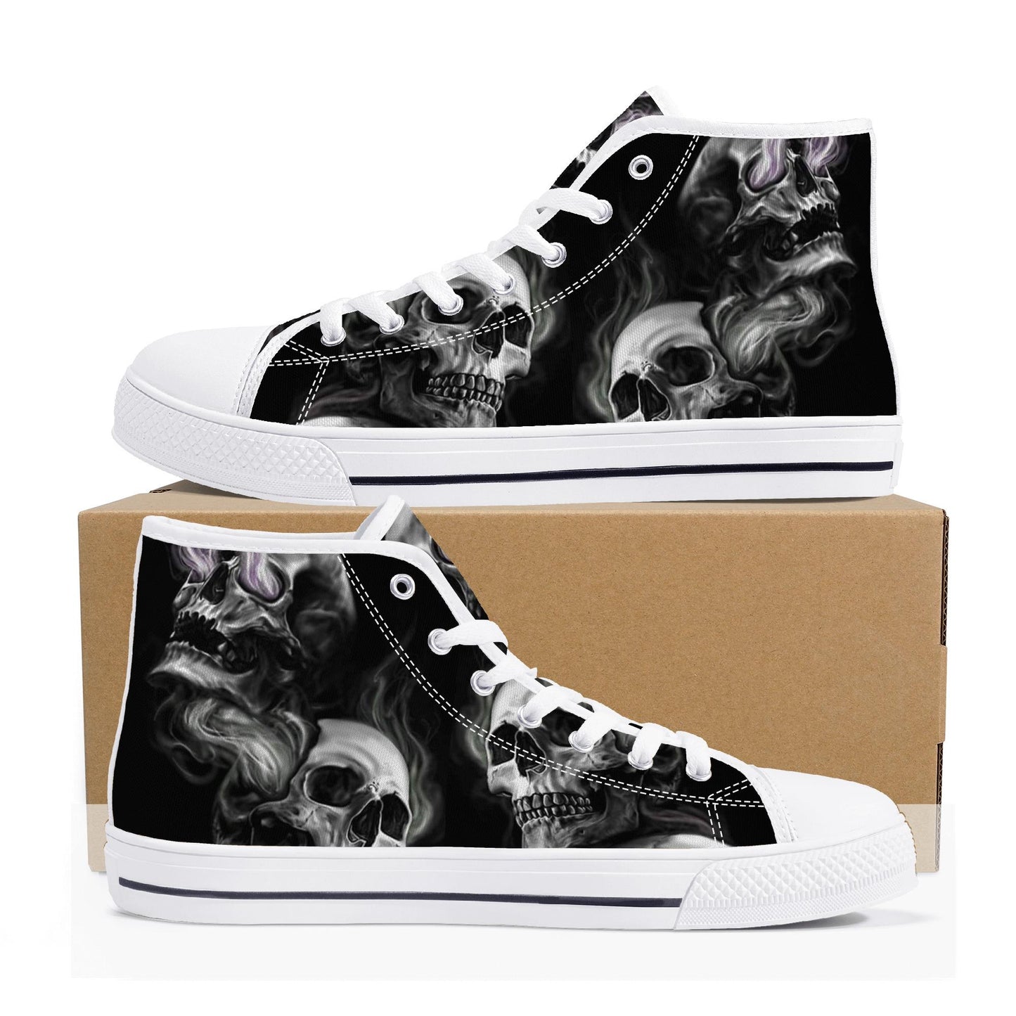 Skull High Top Shoes Black Canvas Sneakers with Smoky Skeleton Design Perfect for Goth Style, Streetwear and Halloween Unique Footwear Gift