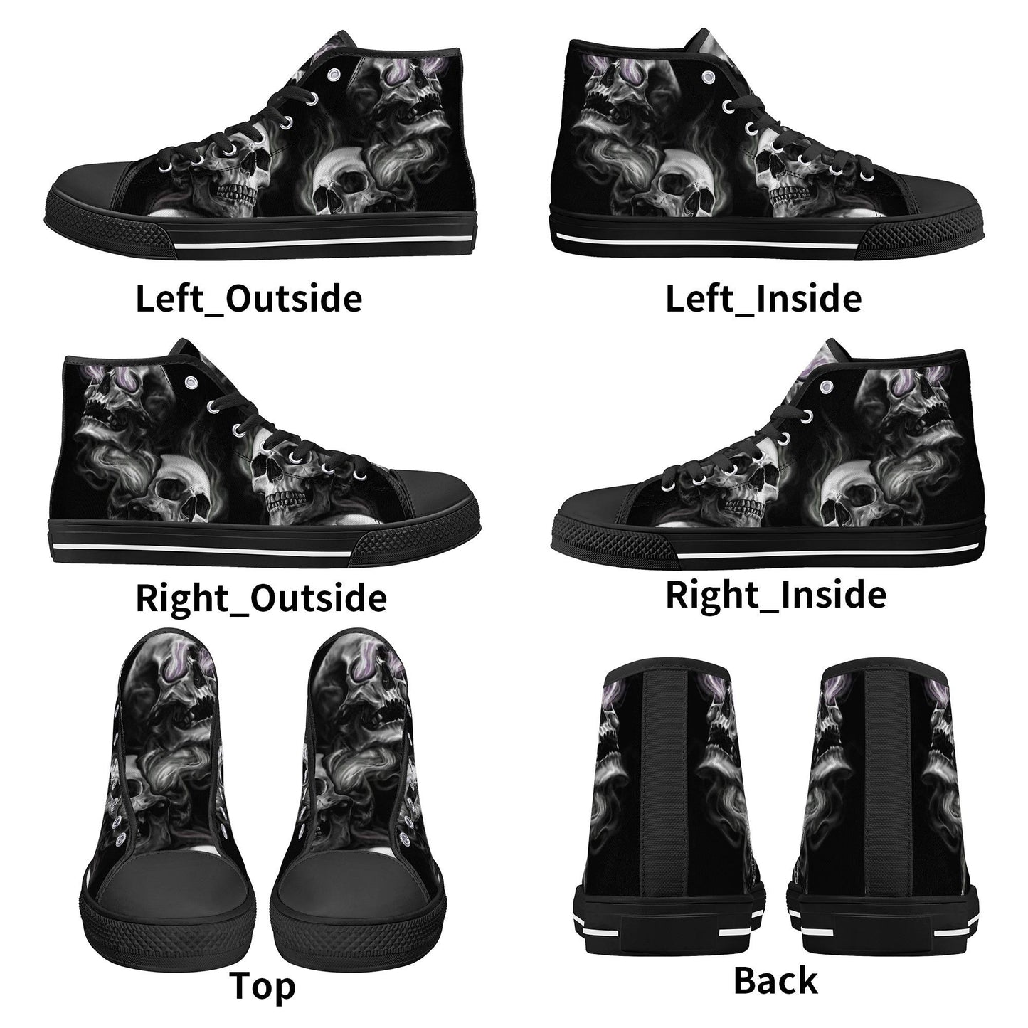 Skull High Top Shoes Black Canvas Sneakers with Smoky Skeleton Design Perfect for Goth Style, Streetwear and Halloween Unique Footwear Gift