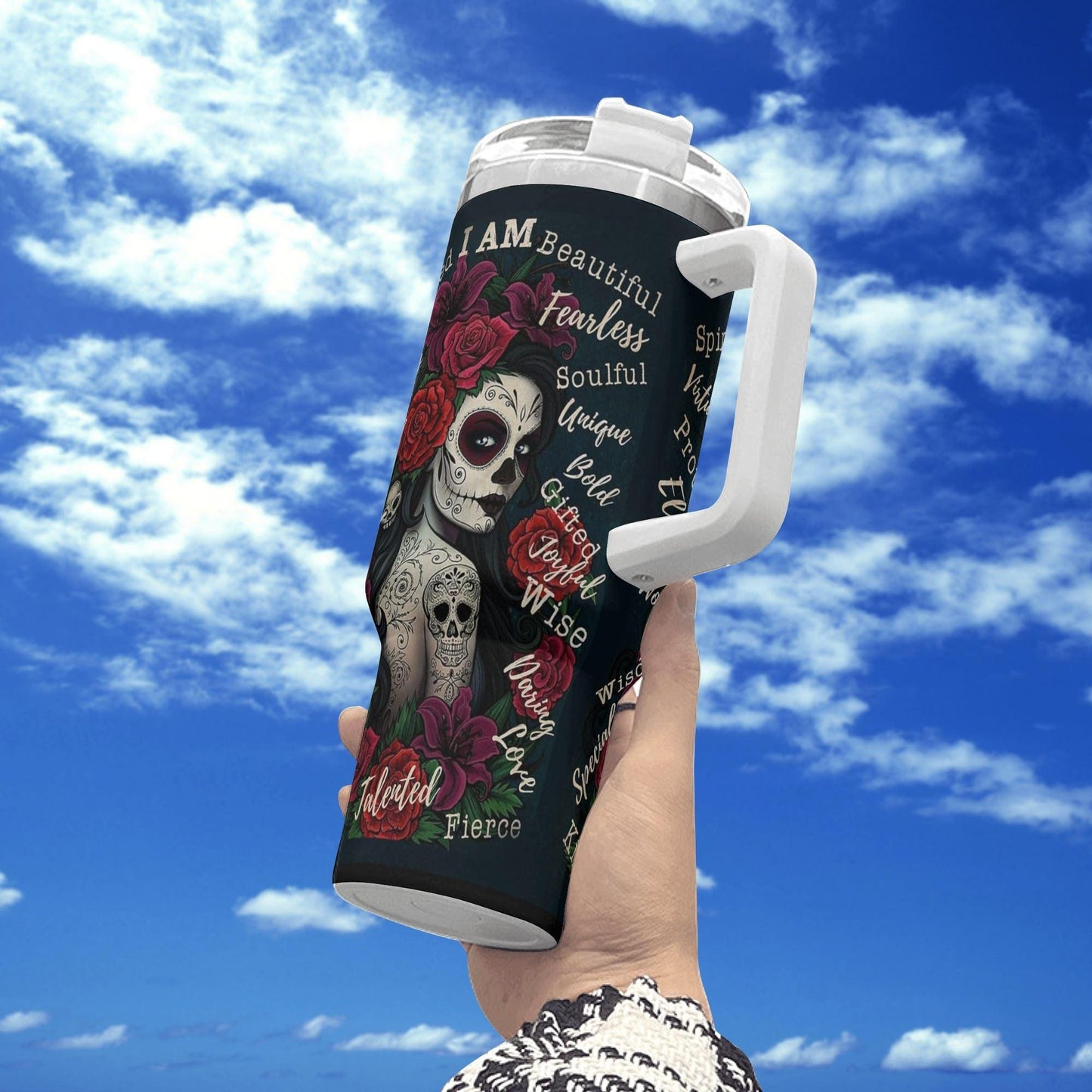 Custom - Sugar Skull 40 oz Tumbler - Candy skull girl tumbler, day of the dead travel mug, skull cup, candy skull mug, dia de los muertos