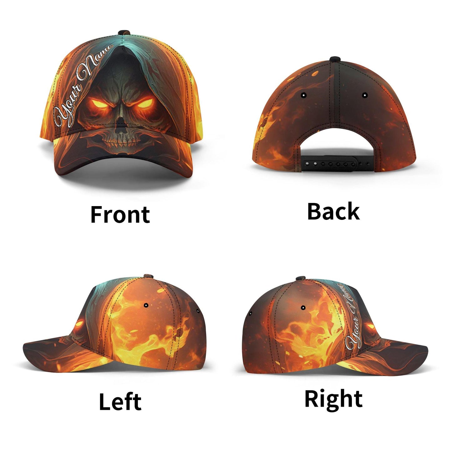 Grim reaper skull baseball cap, fire skull adjustable hat skull baseball cap, skull cap, goth cap, halloween skeleton flame skull cap