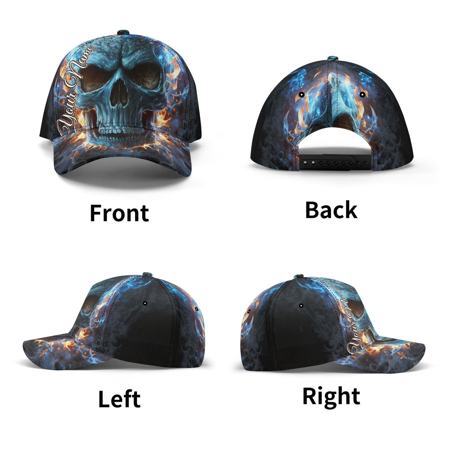 Personalized Flaming Skull Cap - Custom Name Blue Fire Skull Trucker Hat, Gothic Skeleton Streetwear, Unique Headwear for Men & Women