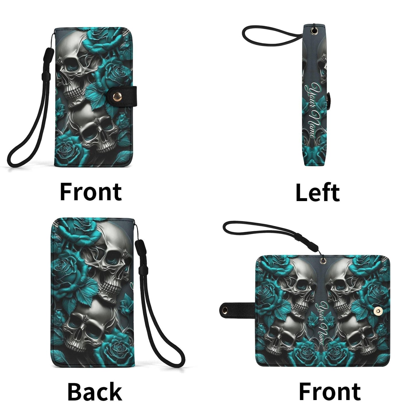 Dark Skull & Rose Phone Wallet Case – Custom Name – Gothic Leather Flip Cover – Skeleton Phone Accessory with Card Slots