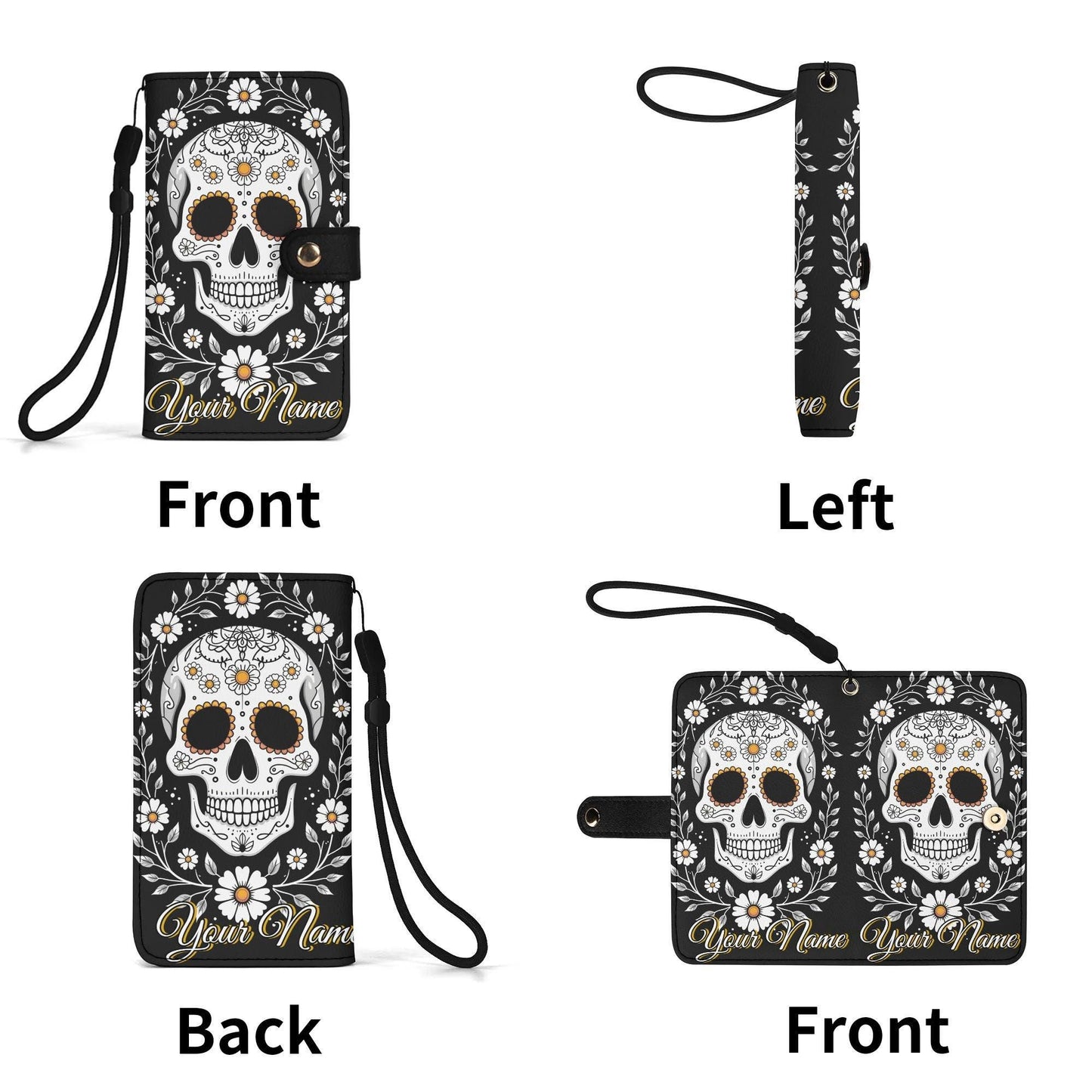 Sugar Skull Phone Wallet Case with Roses – Custom Name – Leather Flip Cover with Card Holder, Day of the dead Style Phone Case