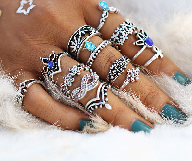 Retro Flower Infinite Knuckle Rings For Women Vintage Geometric Pattern Crystal Rings Set Party Bohemian Jewelry 13 PCS/Set
