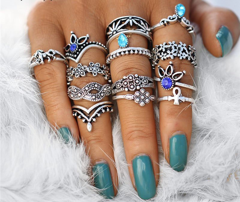 Retro Flower Infinite Knuckle Rings For Women Vintage Geometric Pattern Crystal Rings Set Party Bohemian Jewelry 13 PCS/Set