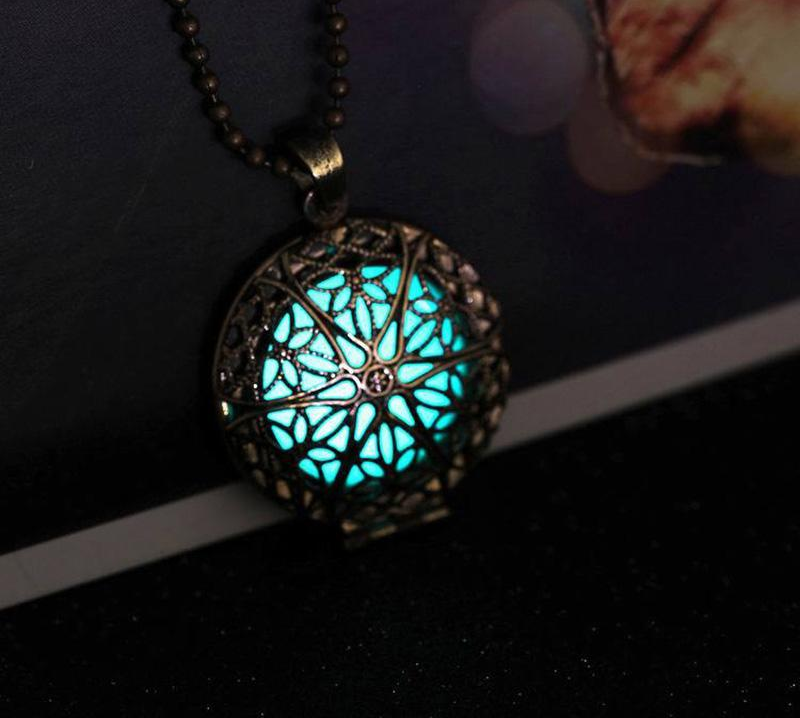 Antique Bronze Magic Round Locket Glow In The Dark Pendant Necklace Glowing Luminous Vintage Hollow Necklace Gift
