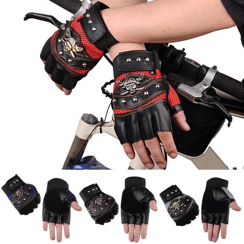 Skulls Rivet Pu Leather Fingerless Gloves Men Women Fashion Hip